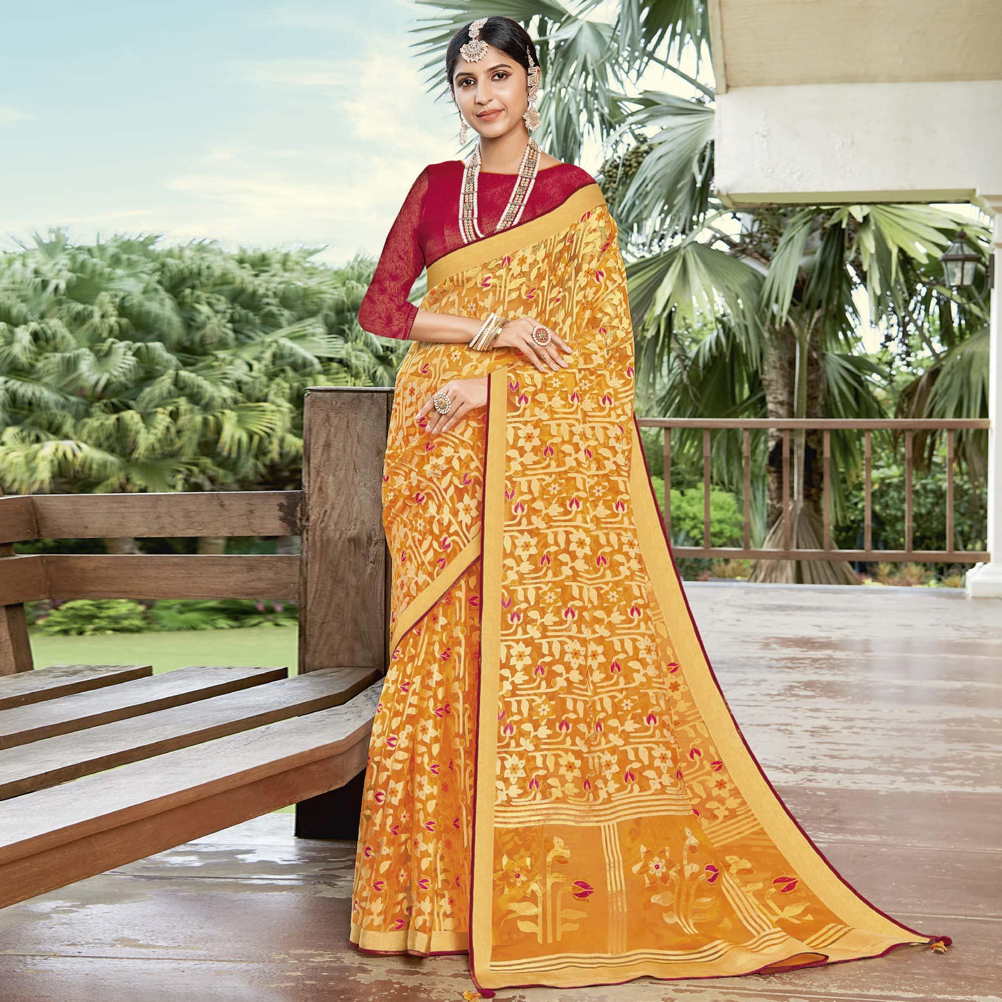 Mustard Casual Wear Floral Printed Brasso Saree - Peachmode