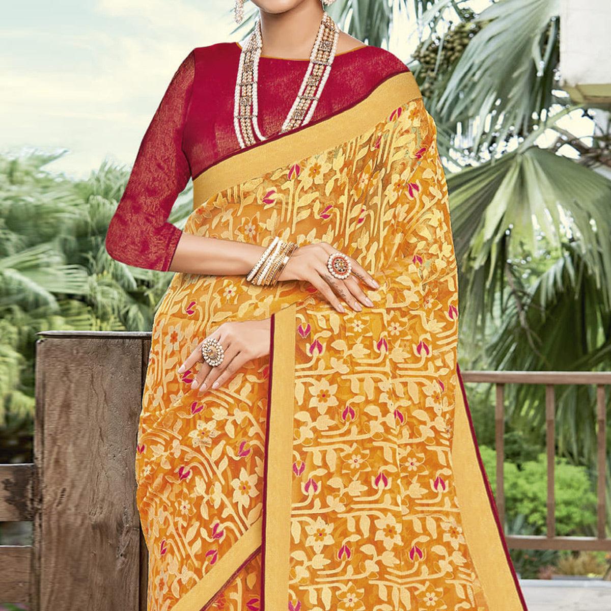 Mustard Casual Wear Floral Printed Brasso Saree - Peachmode