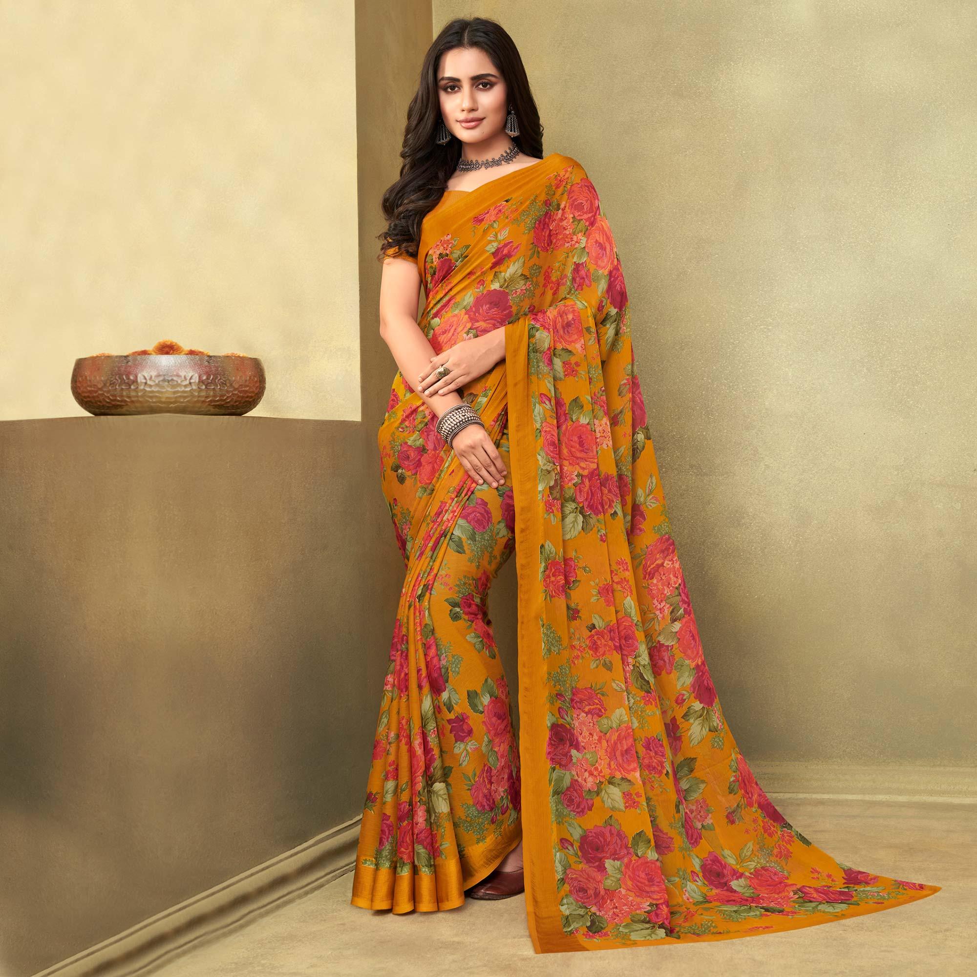 Mustard Casual Wear Floral Printed Chiffon Saree - Peachmode