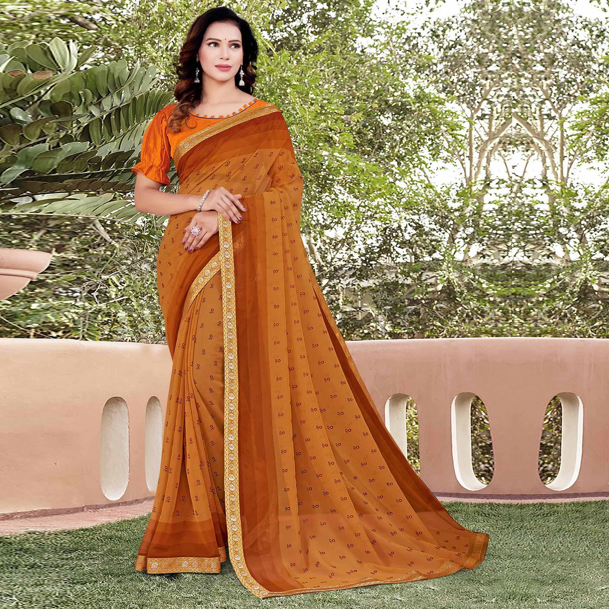 Mustard Casual Wear Floral Printed Chiffon Saree - Peachmode
