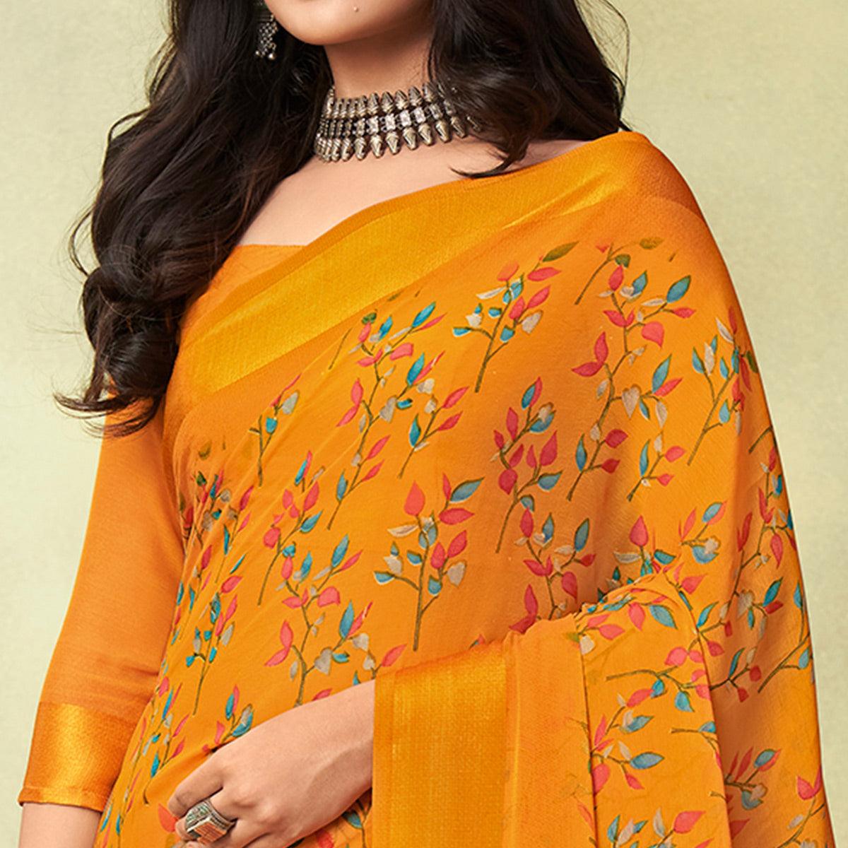 Mustard Casual Wear Floral Printed Chiffon Saree - Peachmode