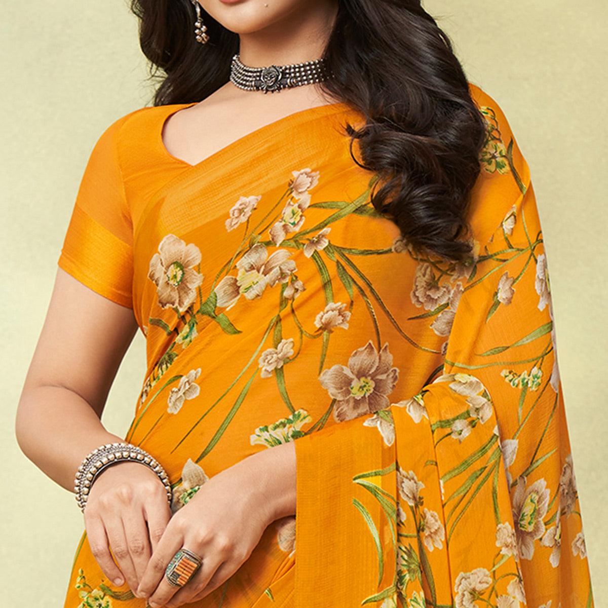 Mustard Casual Wear Floral Printed Chiffon Saree - Peachmode