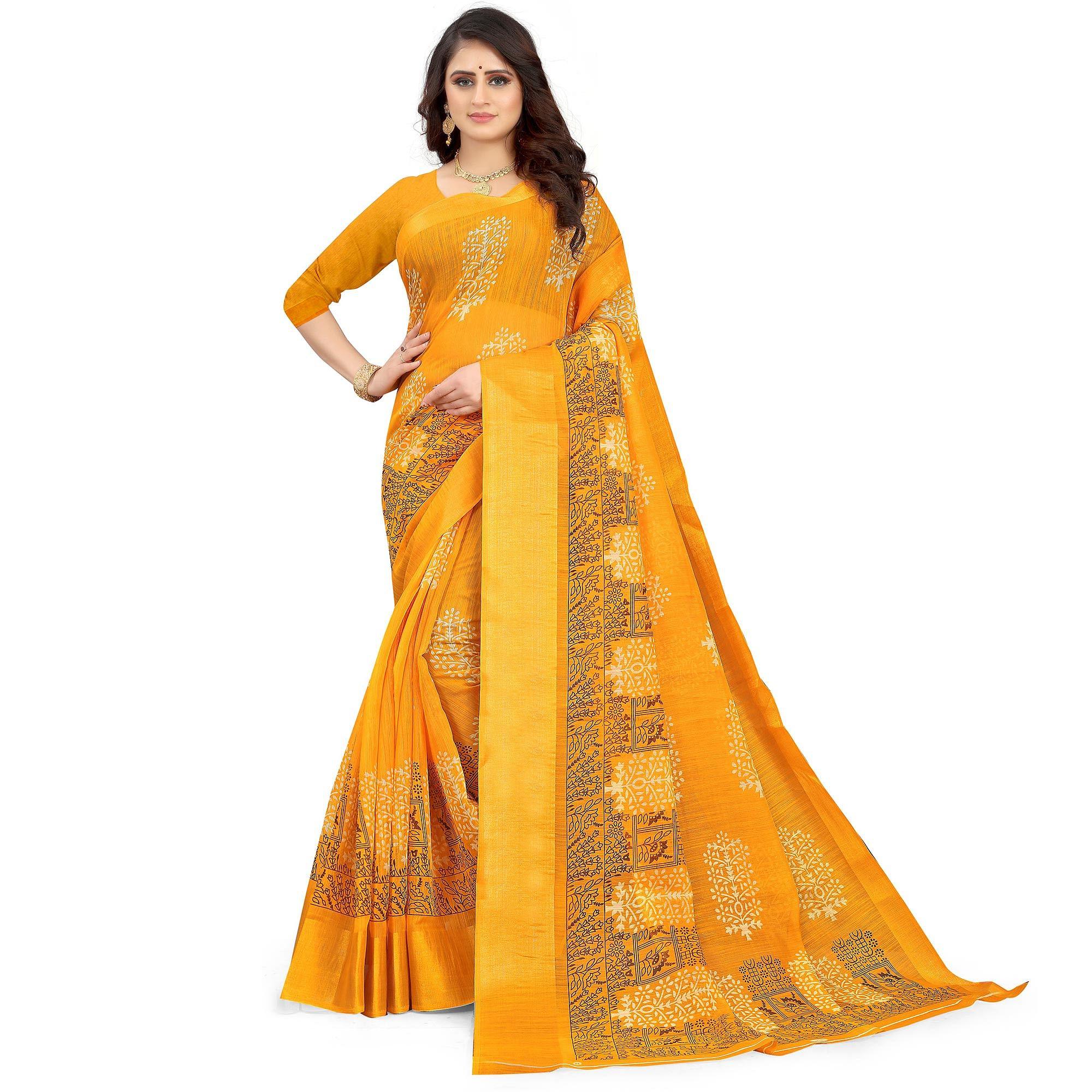 Mustard Casual Wear Floral Printed Cotton Linen Saree - Peachmode