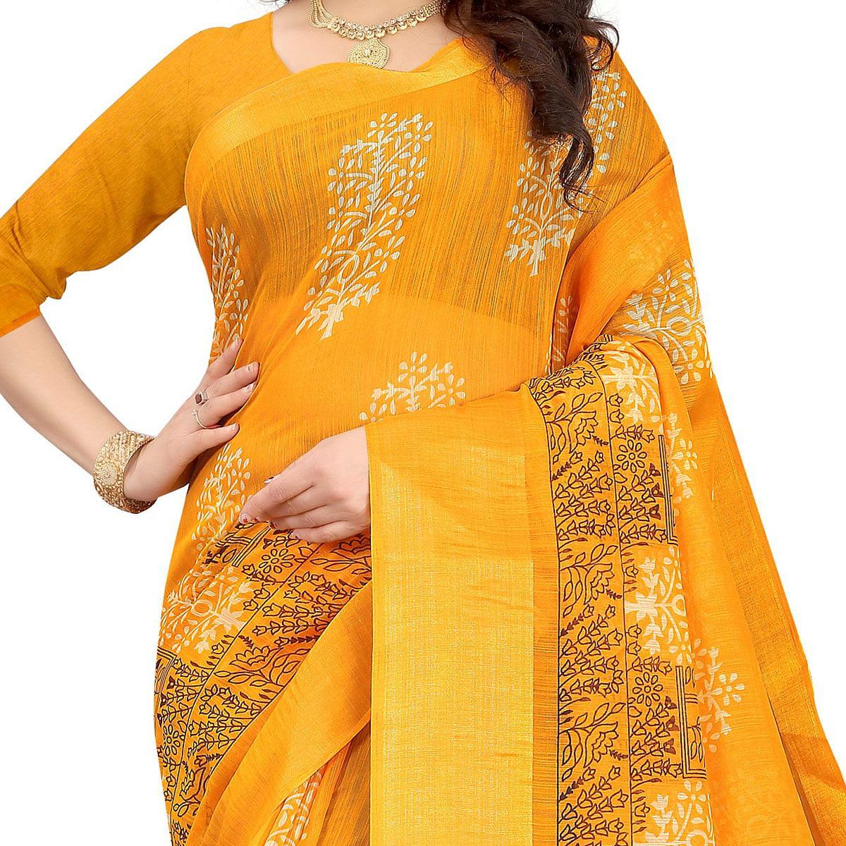 Mustard Casual Wear Floral Printed Cotton Linen Saree - Peachmode
