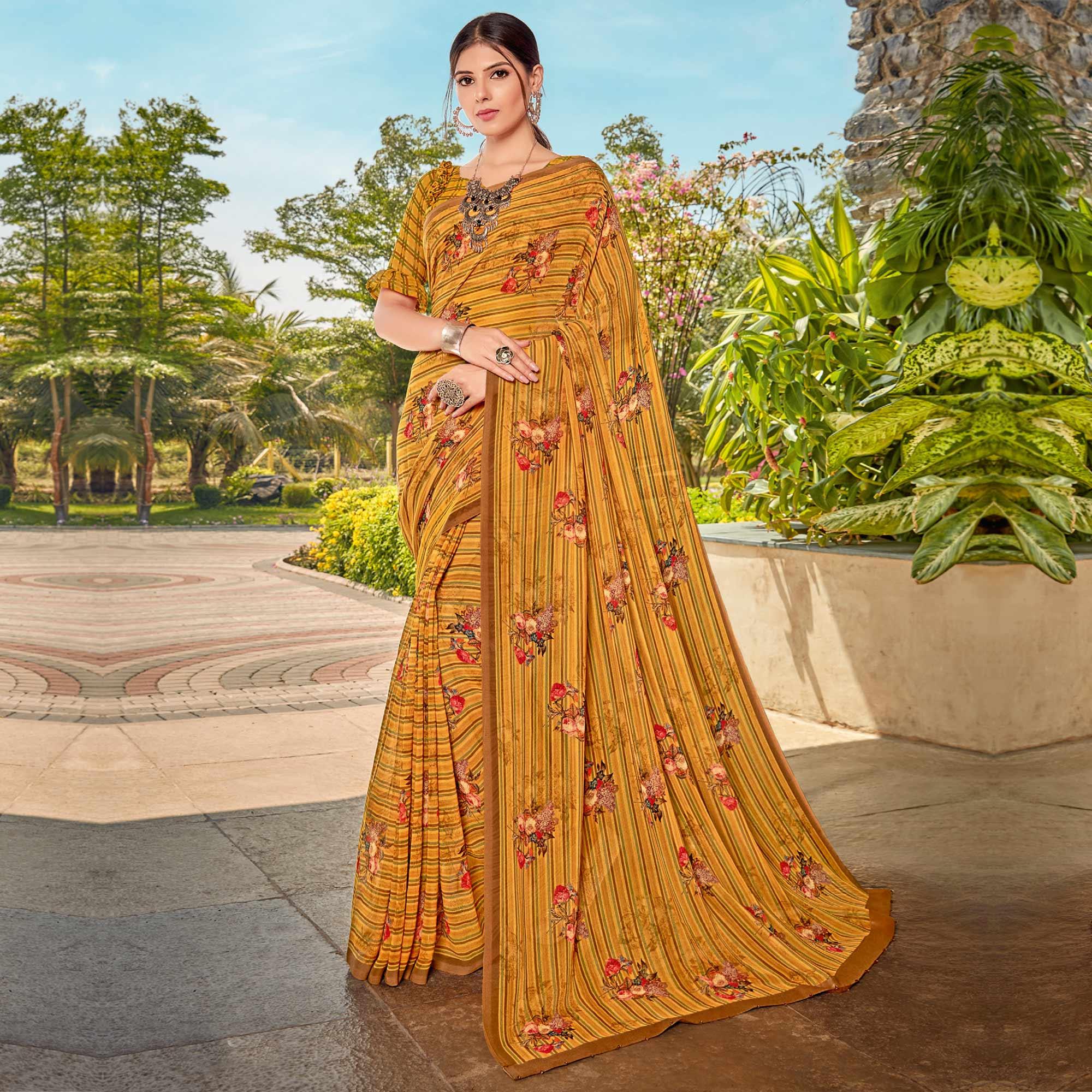 Mustard Casual Wear Floral Printed Georgette Saree - Peachmode