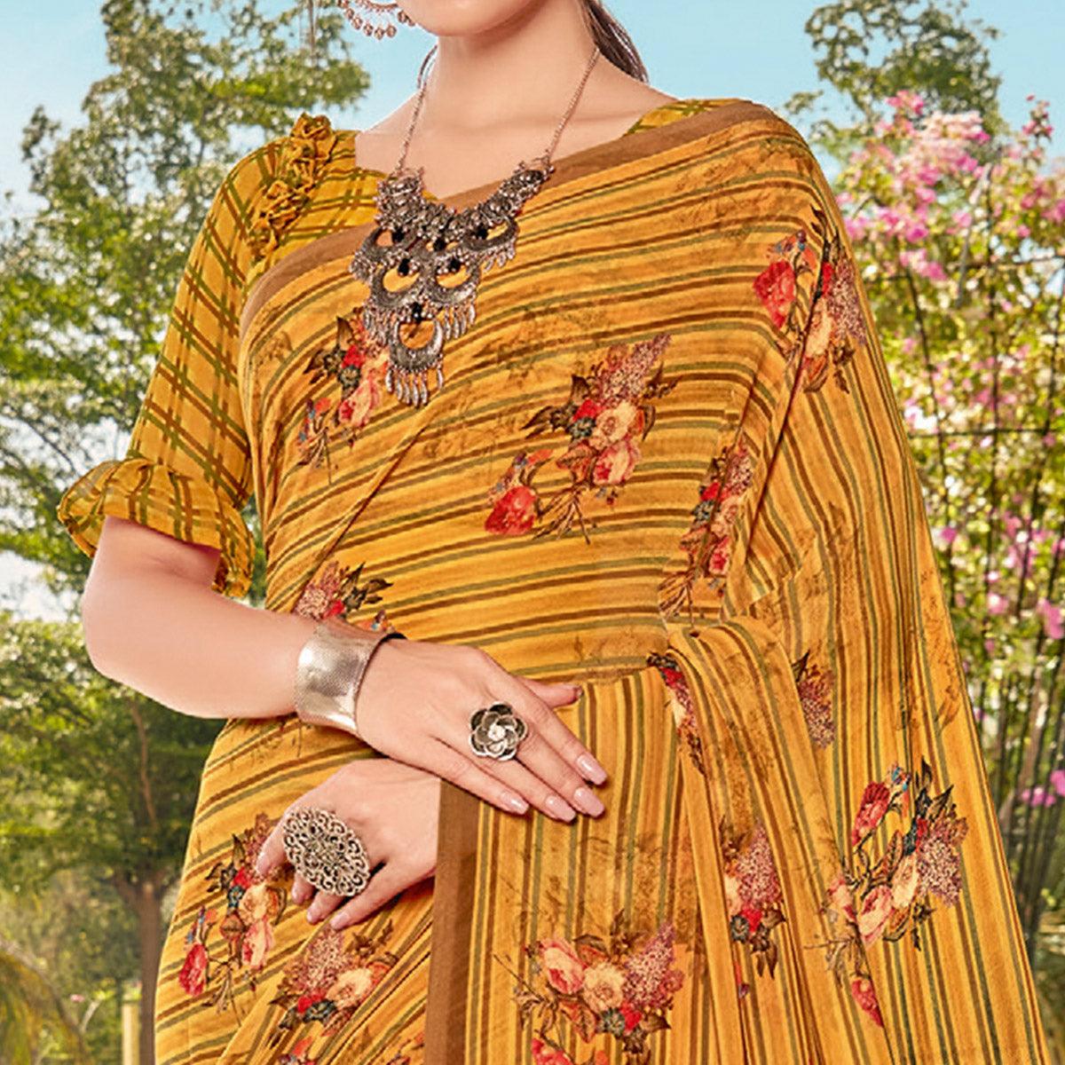 Mustard Casual Wear Floral Printed Georgette Saree - Peachmode