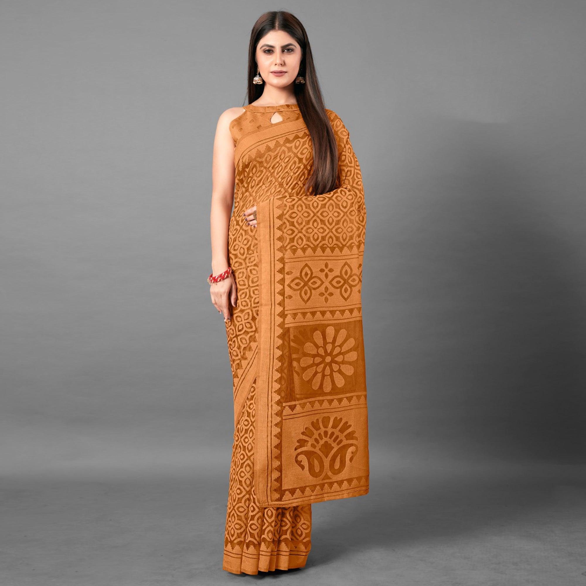Mustard Casual Wear Flower Brasso Saree - Peachmode
