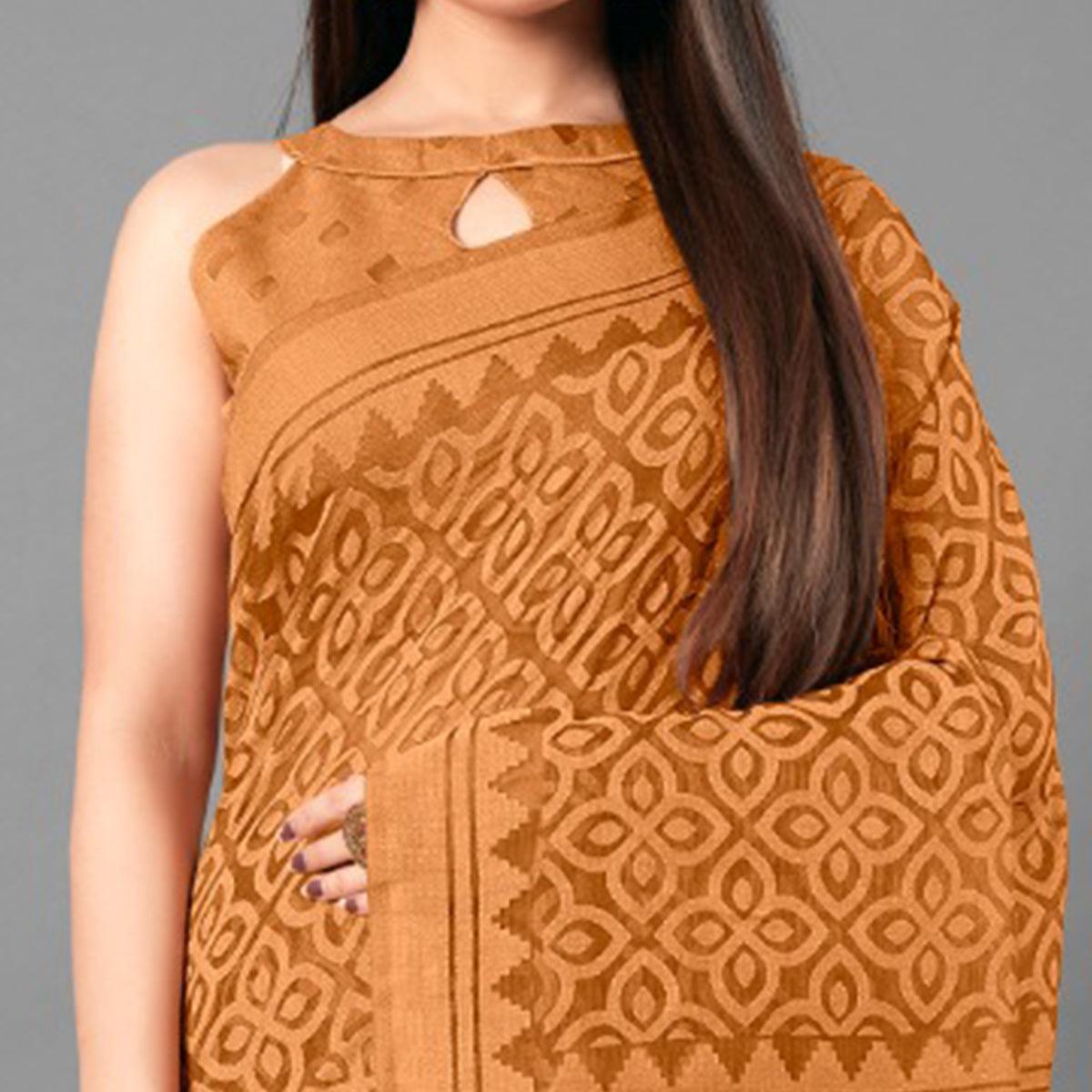 Mustard Casual Wear Flower Brasso Saree - Peachmode