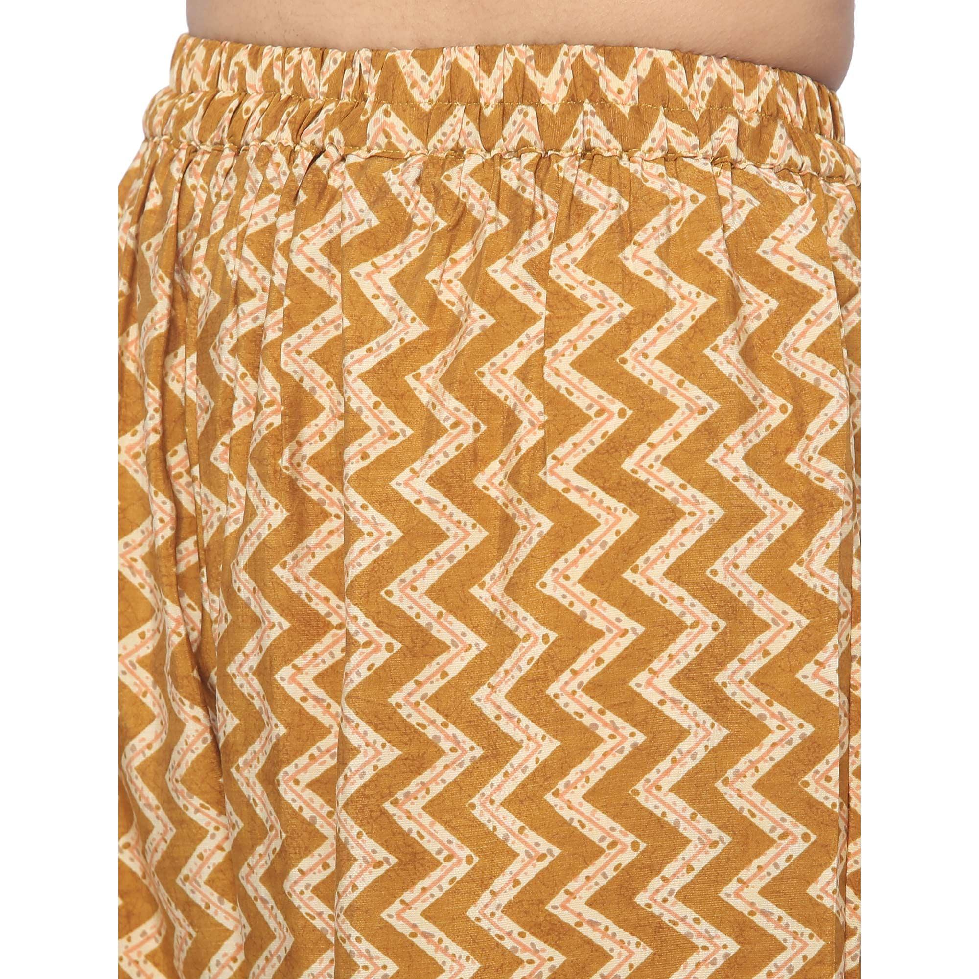 Mustard Casual Wear Foil Printed Chanderi Modal Kurti Pant Set - Peachmode