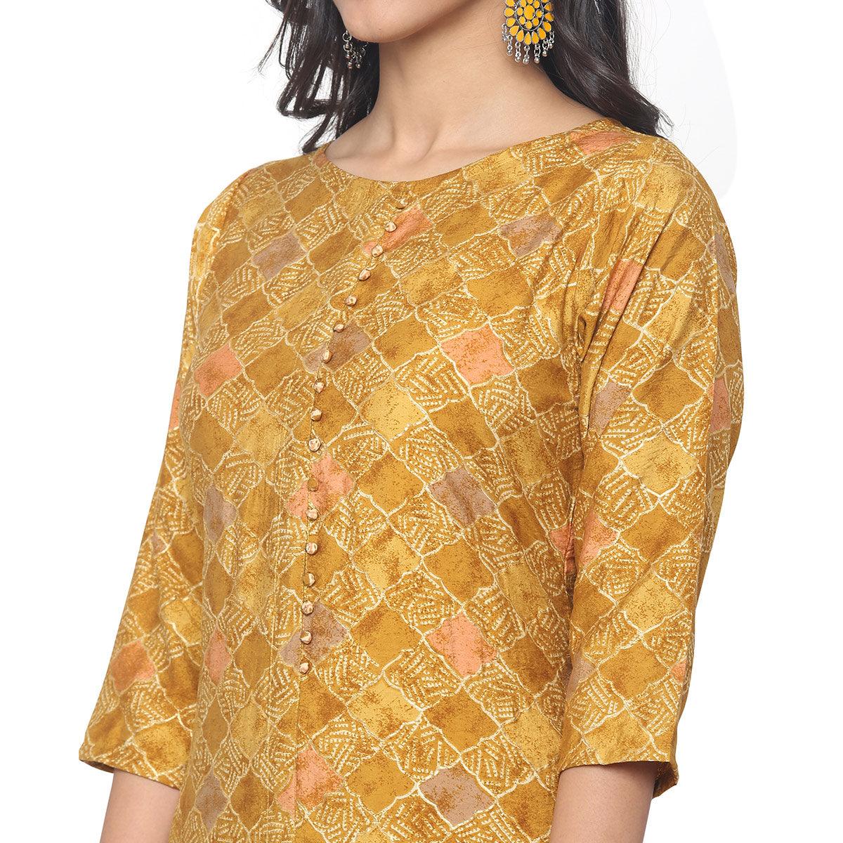 Mustard Casual Wear Foil Printed Chanderi Modal Kurti Pant Set - Peachmode