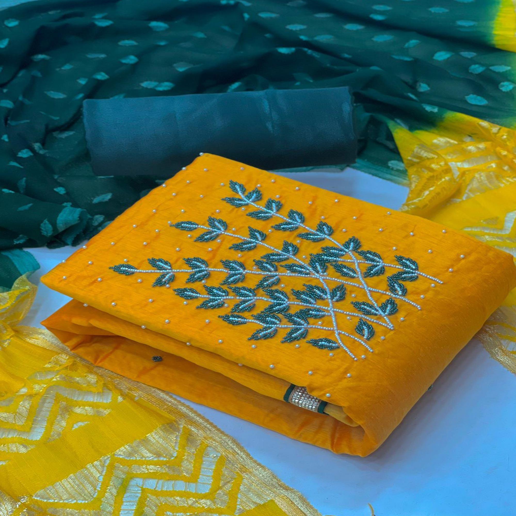 Mustard Casual Wear Pearl Handwork Modal Silk  Dress Material - Peachmode