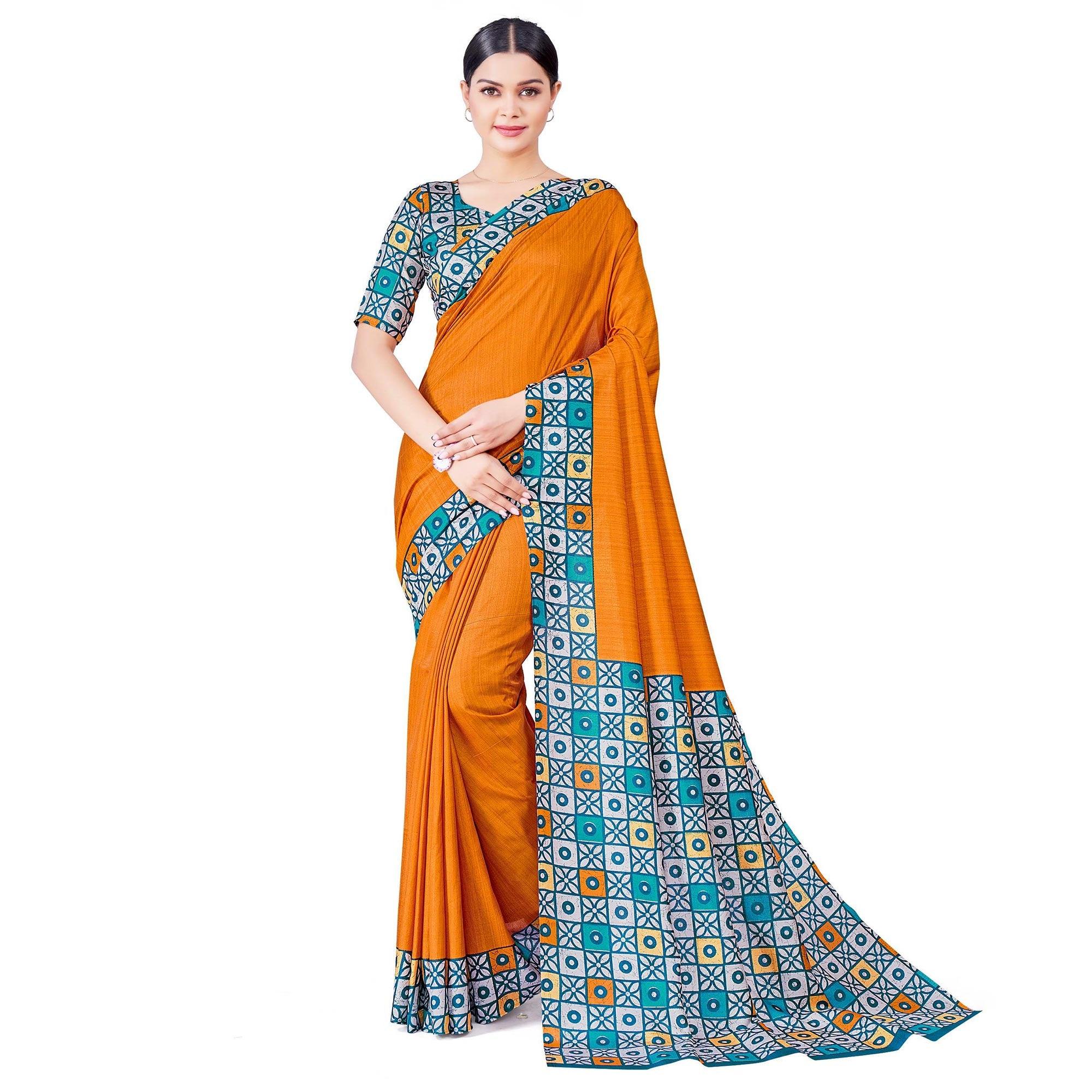 Mustard Casual Wear Printed Art Silk Saree - Peachmode