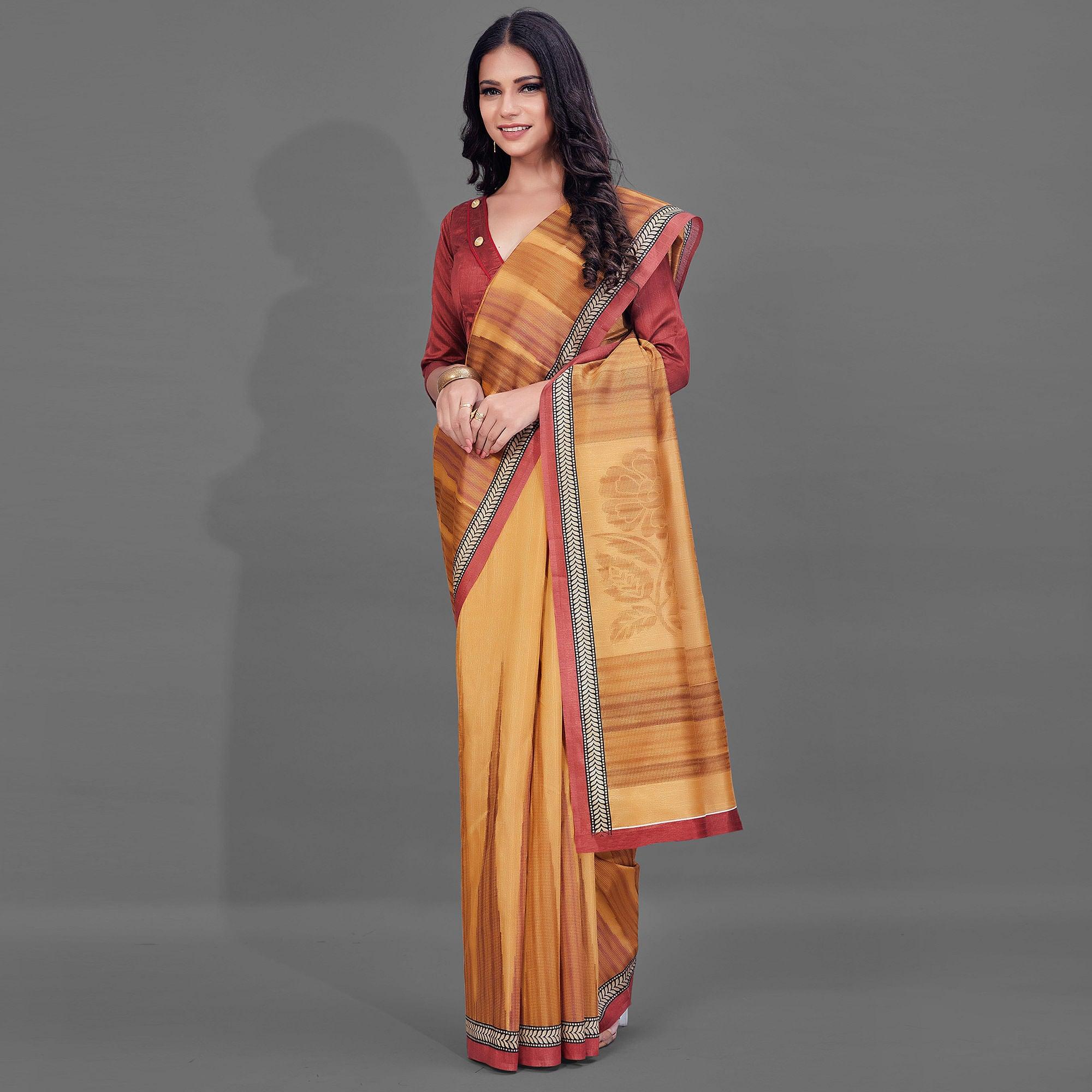 Mustard Casual Wear Printed Bhagalpuri Silk Saree - Peachmode