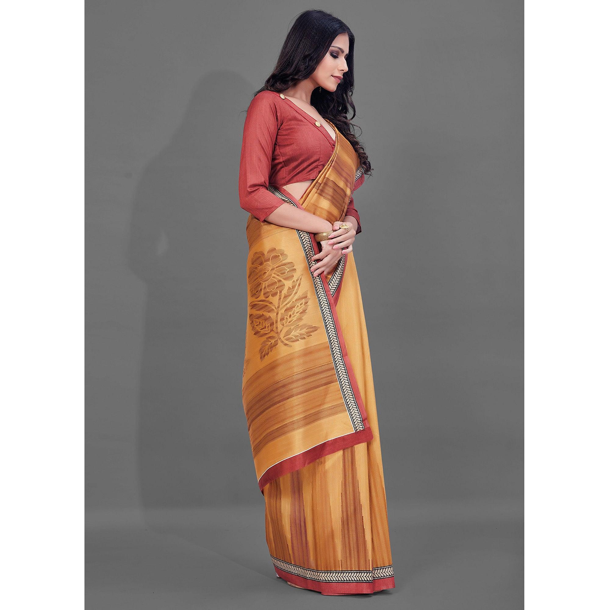 Mustard Casual Wear Printed Bhagalpuri Silk Saree - Peachmode