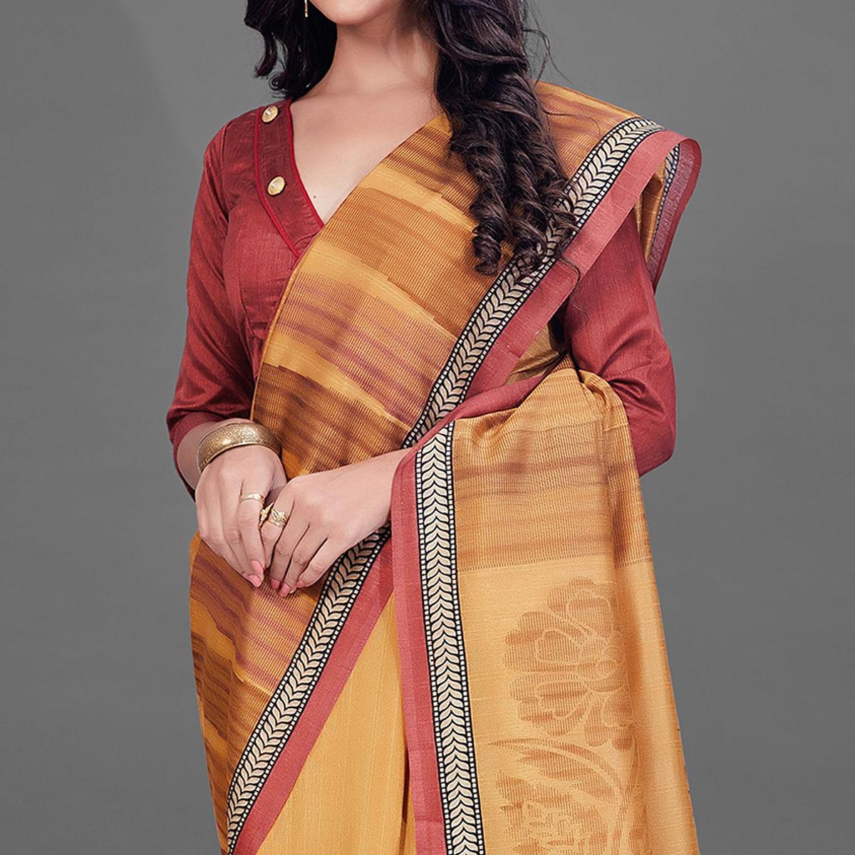 Mustard Casual Wear Printed Bhagalpuri Silk Saree - Peachmode