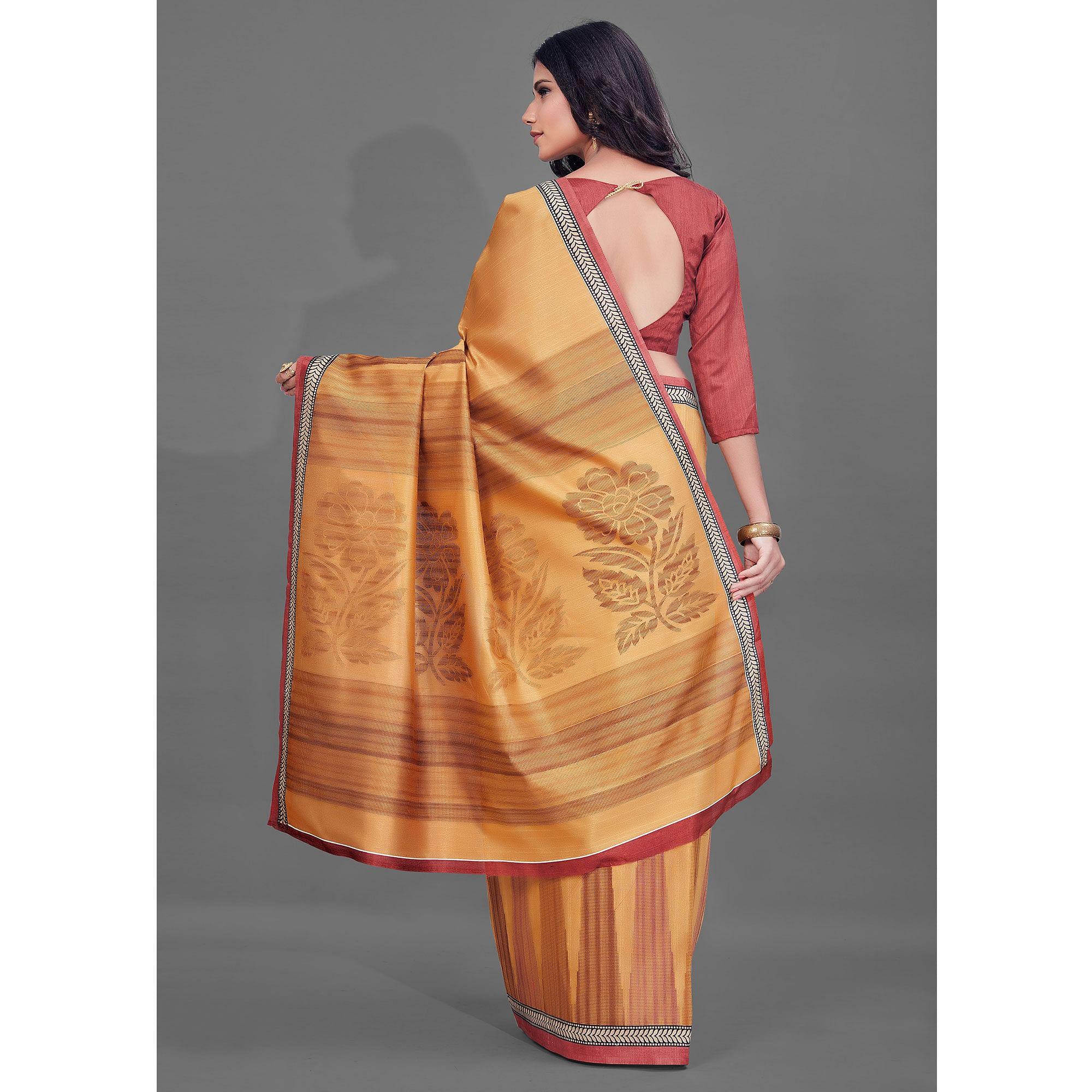 Mustard Casual Wear Printed Bhagalpuri Silk Saree - Peachmode