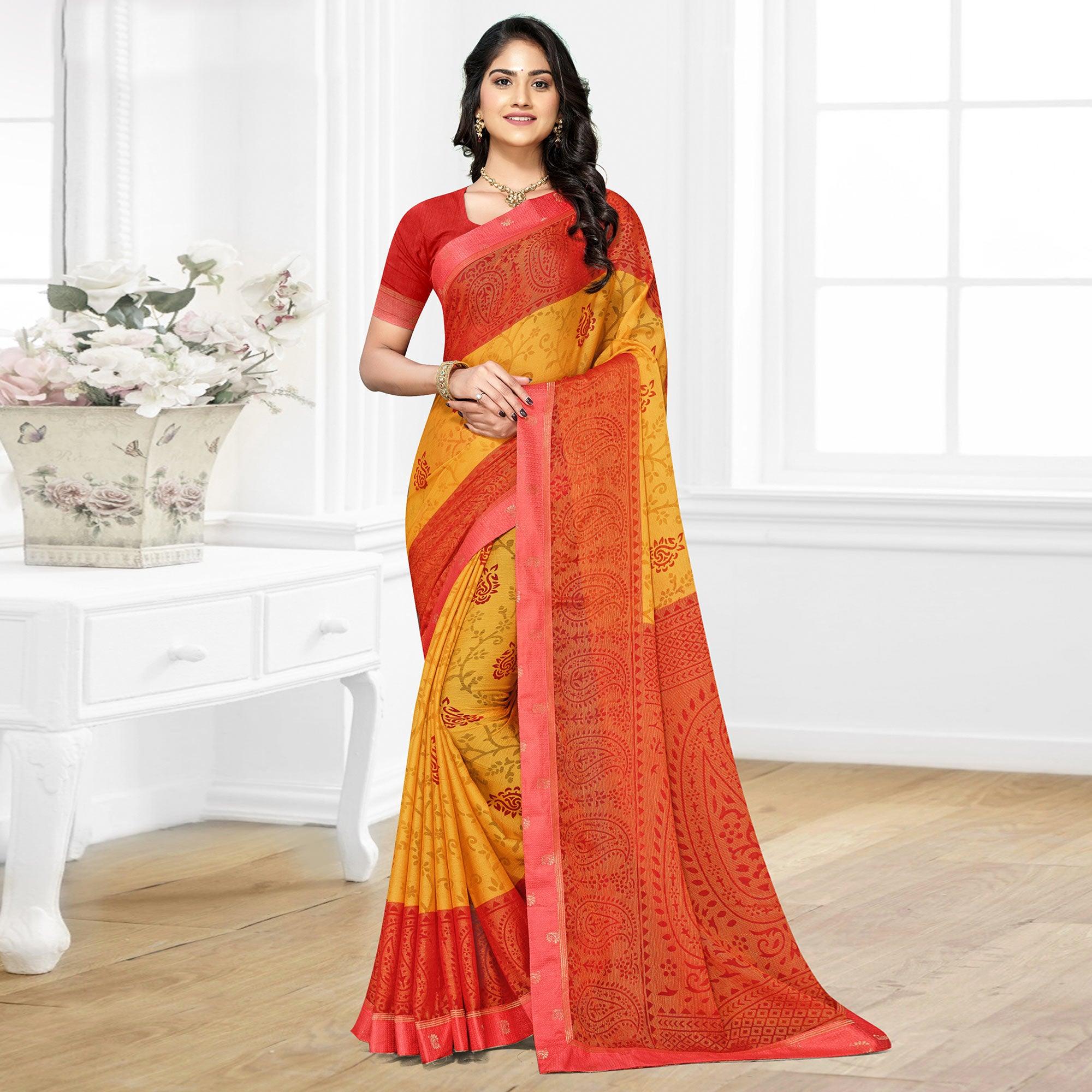Mustard Casual Wear Printed Brasso Chiffon Saree - Peachmode