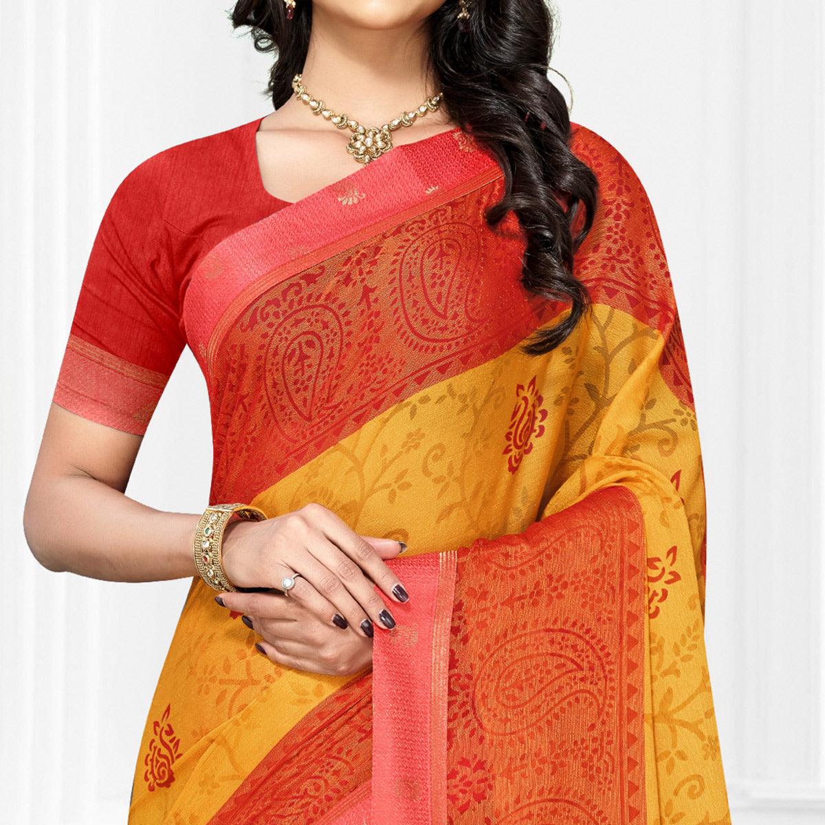 Mustard Casual Wear Printed Brasso Chiffon Saree - Peachmode