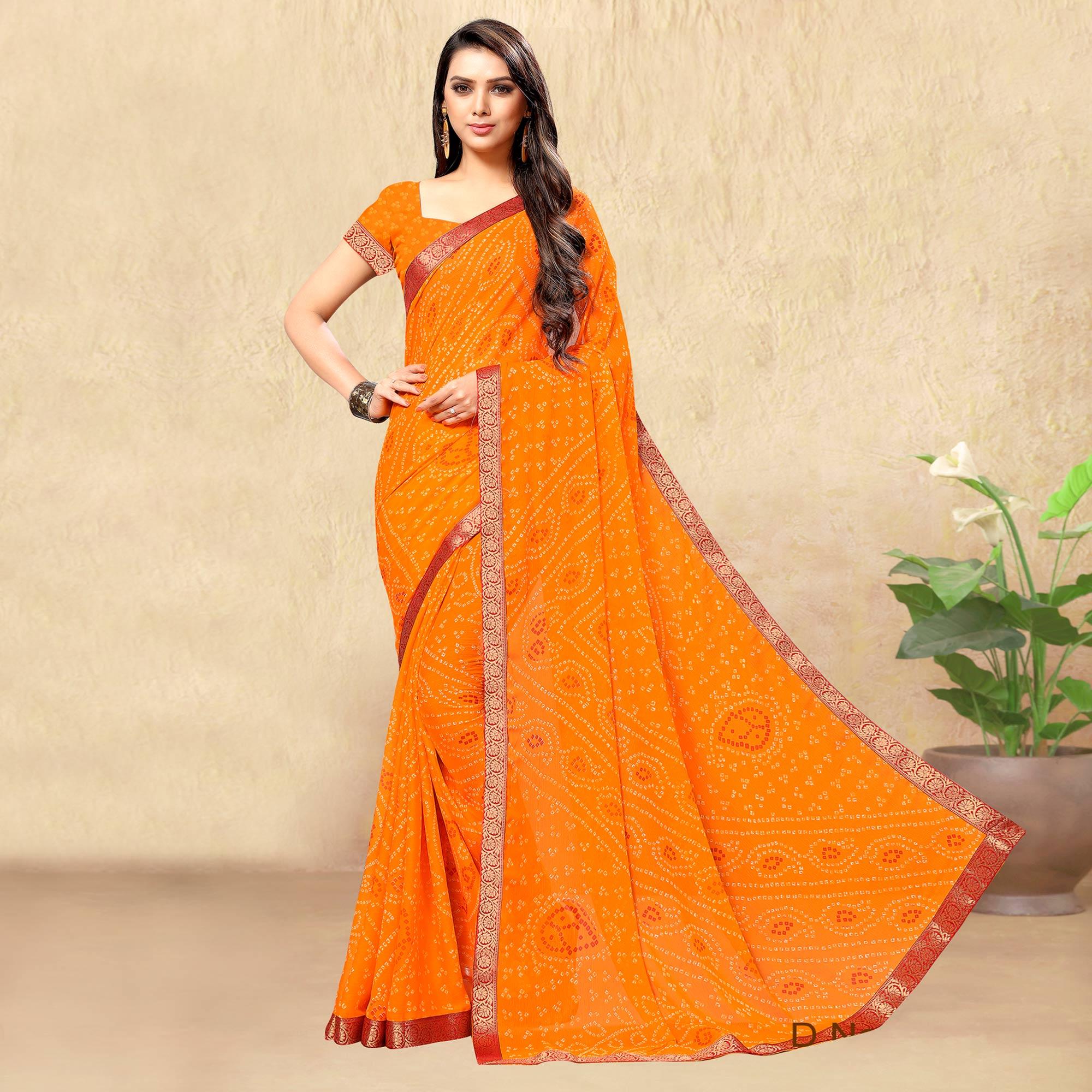 Mustard Casual Wear Printed Chiffon Saree - Peachmode