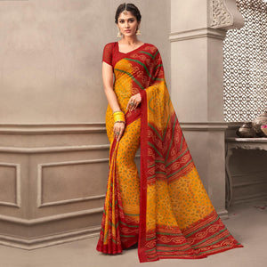 Mustard Casual Wear Printed Chiffon Saree - Peachmode