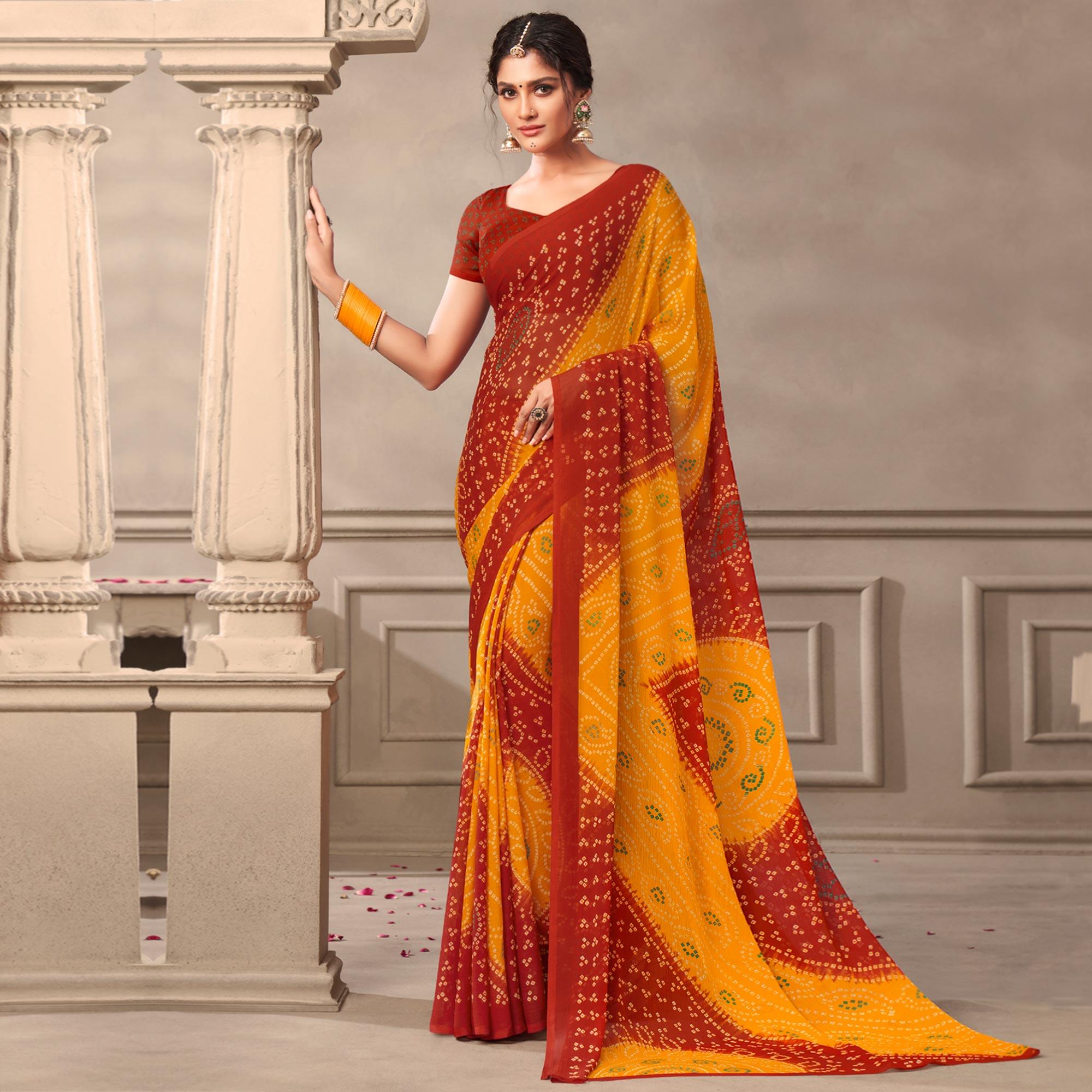 Mustard Casual Wear Printed Chiffon Saree - Peachmode