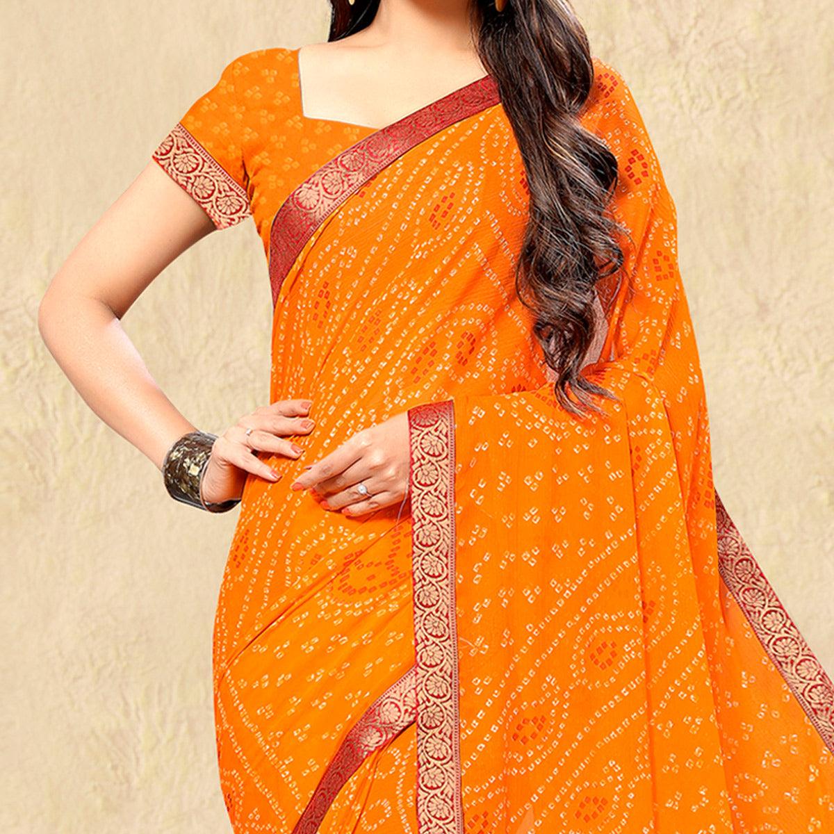 Mustard Casual Wear Printed Chiffon Saree - Peachmode