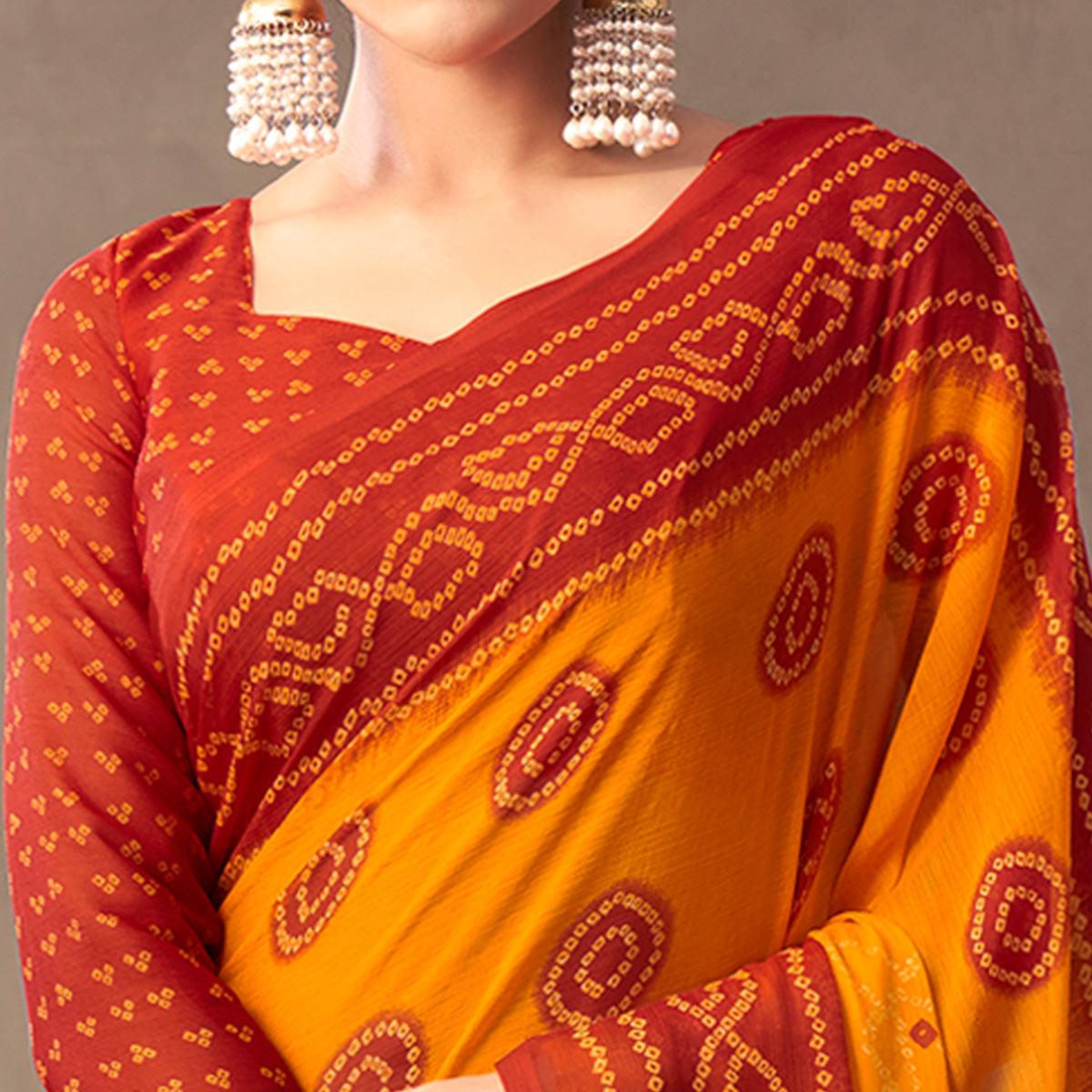Mustard Casual Wear Printed Chiffon Saree - Peachmode