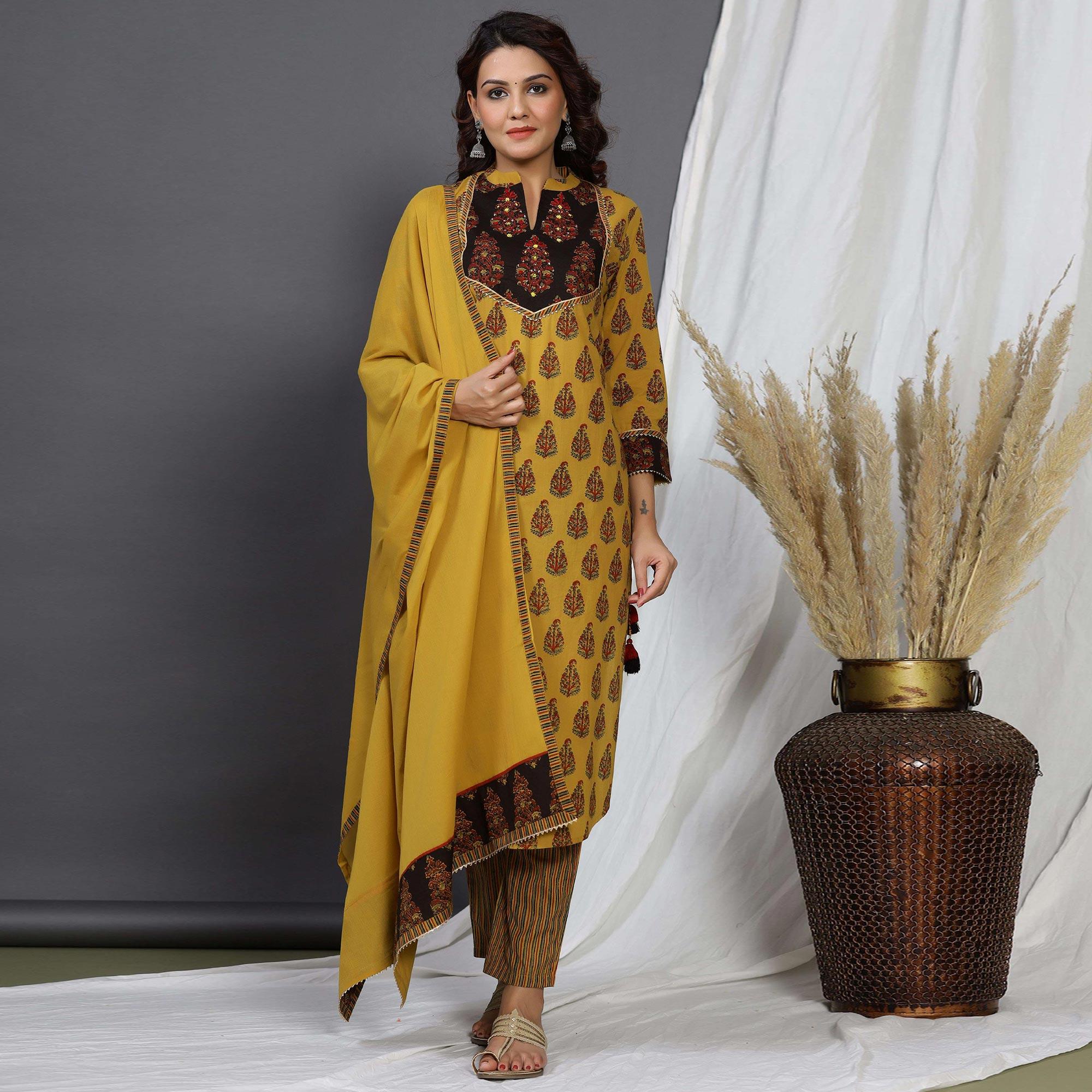 Mustard Casual Wear Printed Cotton Kurti - Pant Set With Dupatta - Peachmode
