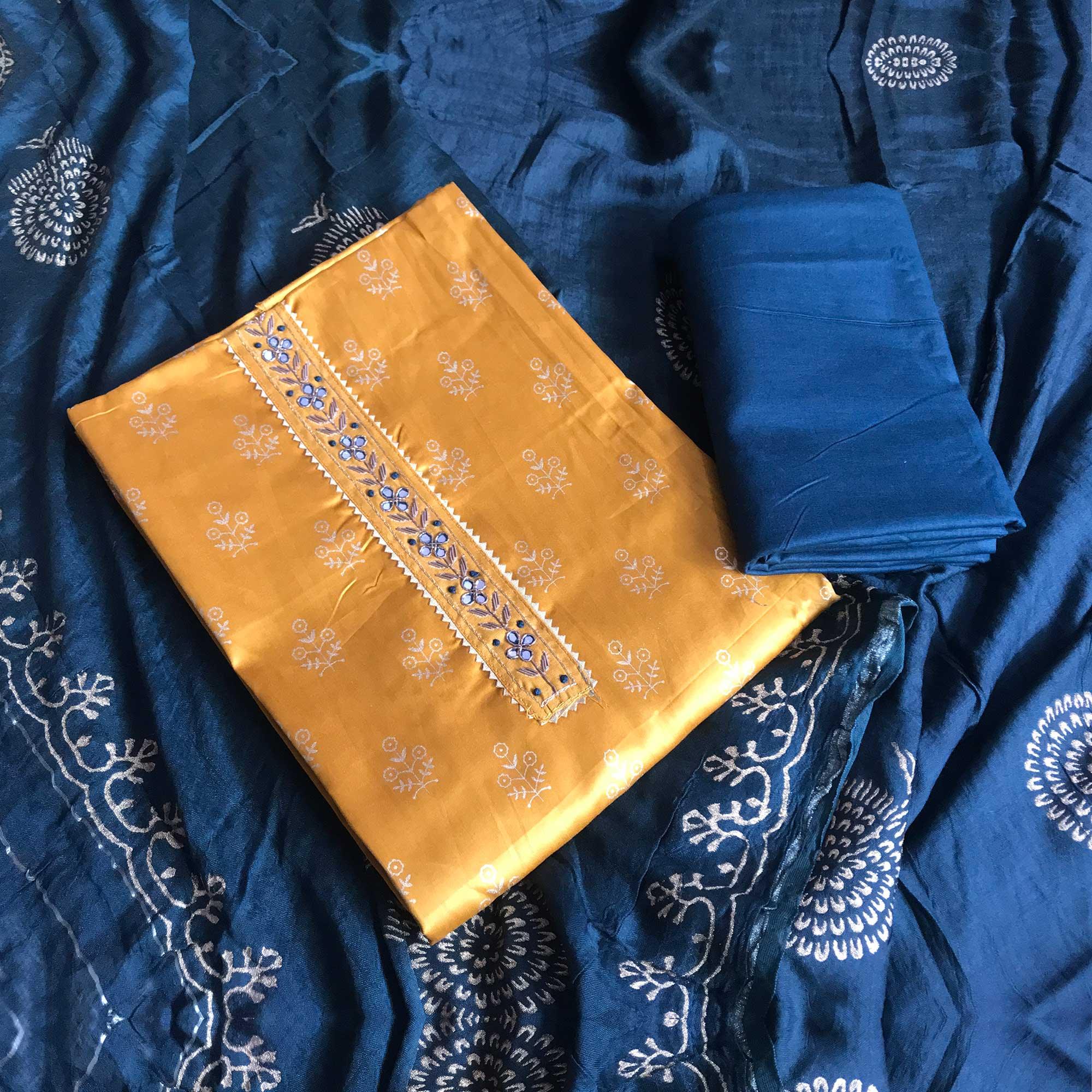 Mustard Casual Wear Printed Cotton Silk Dress Material - Peachmode