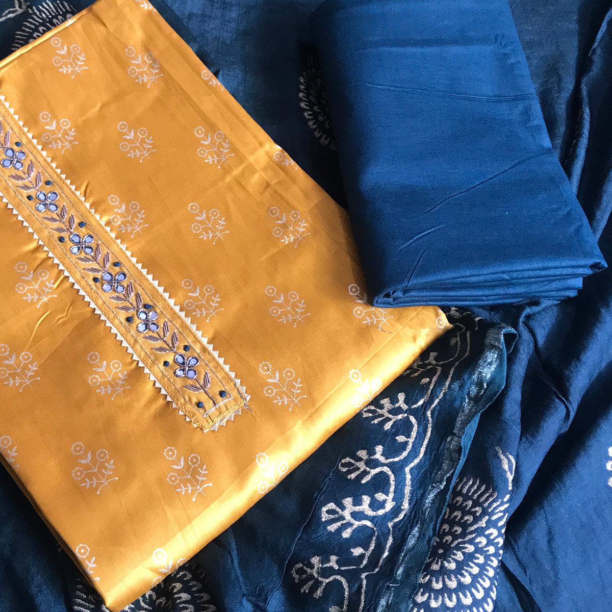 Mustard Casual Wear Printed Cotton Silk Dress Material - Peachmode