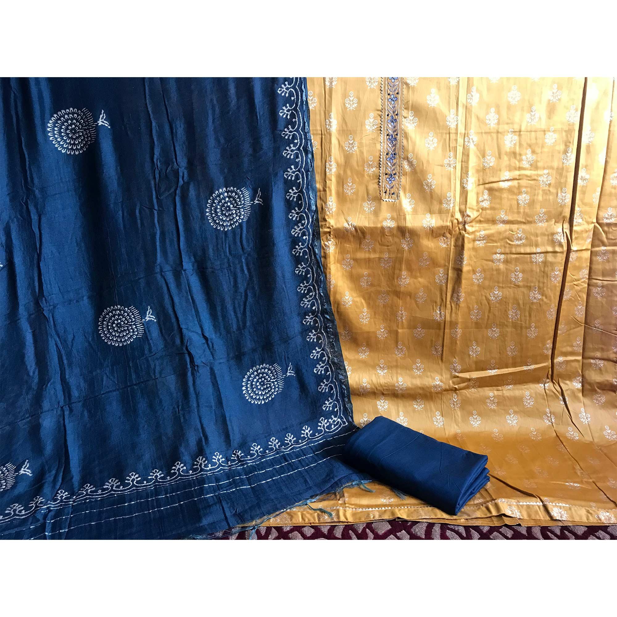 Mustard Casual Wear Printed Cotton Silk Dress Material - Peachmode