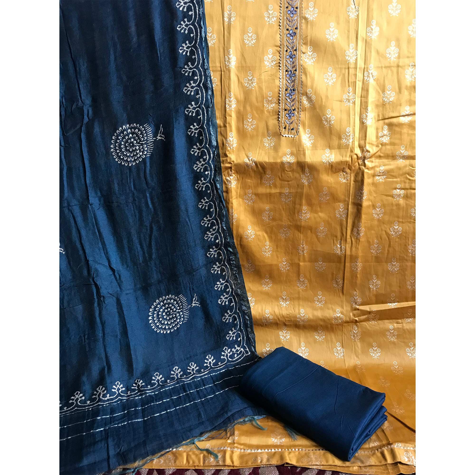 Mustard Casual Wear Printed Cotton Silk Dress Material - Peachmode