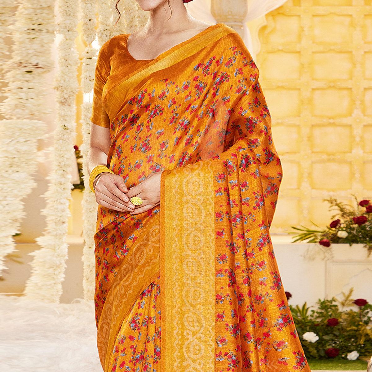 Mustard Casual Wear Printed Crystal Silk Saree - Peachmode