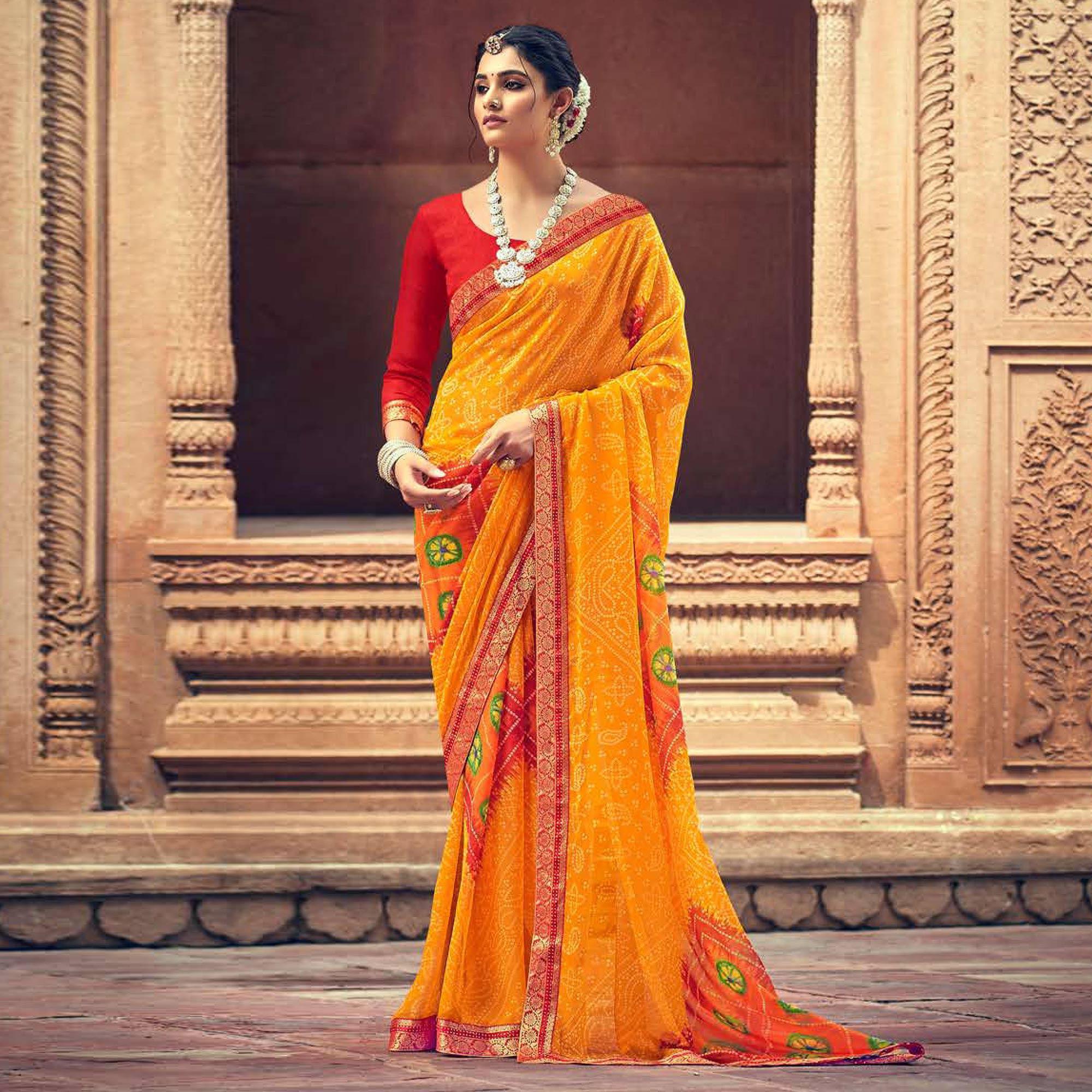 Mustard Casual Wear Printed Georgette Saree - Peachmode