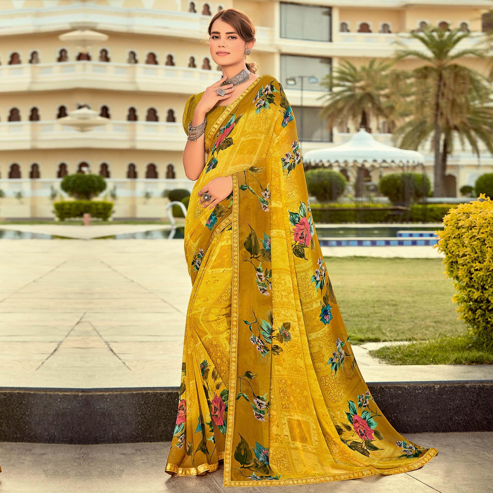 Mustard Casual Wear Printed Georgette Saree - Peachmode