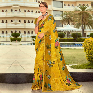 Mustard Casual Wear Printed Georgette Saree - Peachmode
