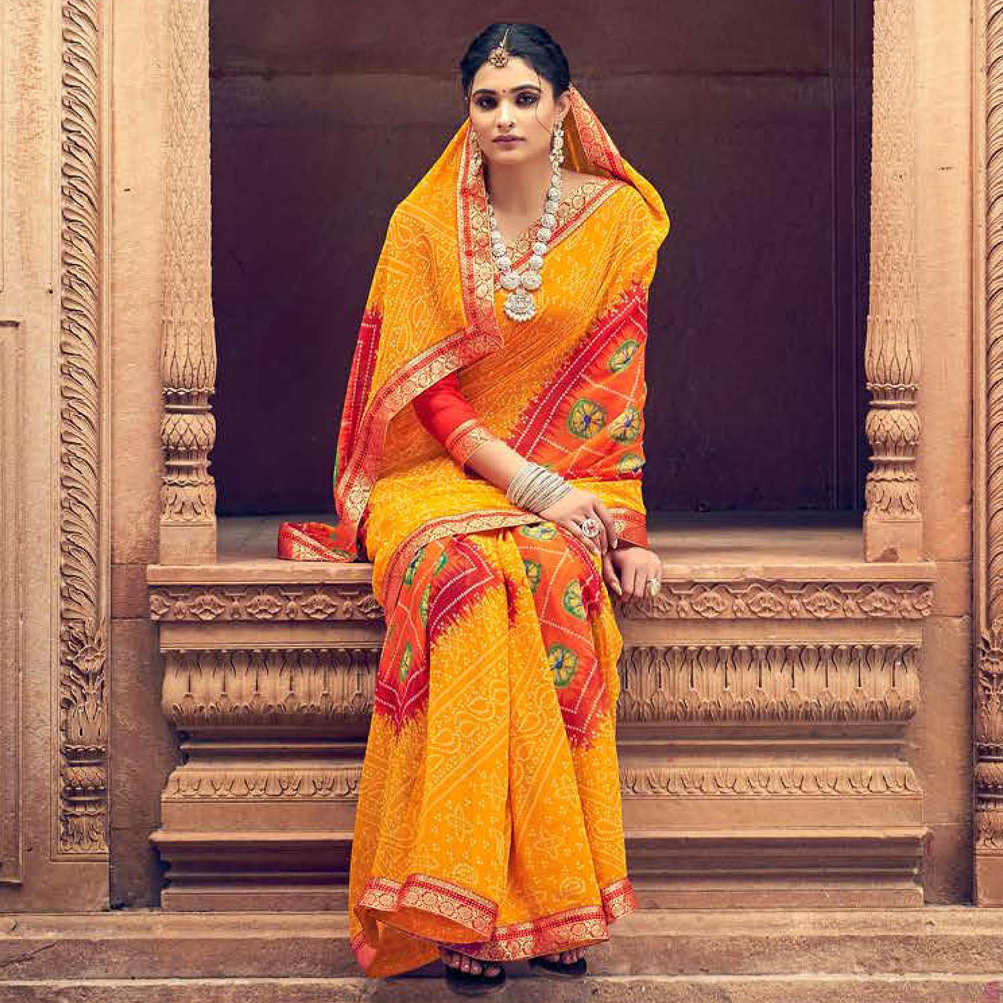 Mustard Casual Wear Printed Georgette Saree - Peachmode