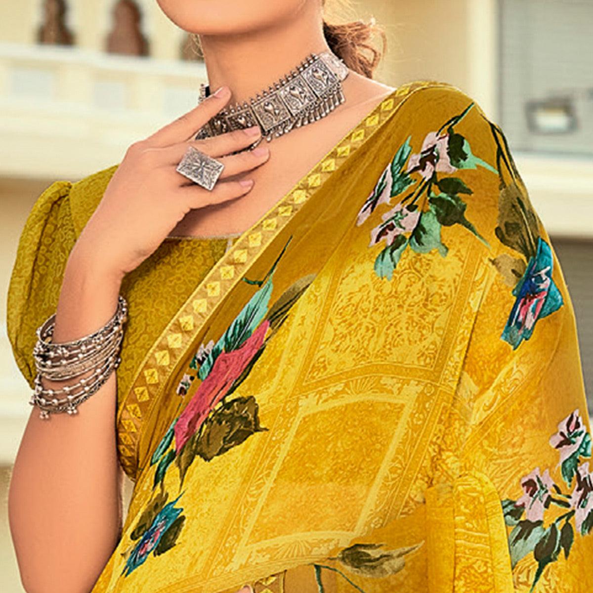 Mustard Casual Wear Printed Georgette Saree - Peachmode