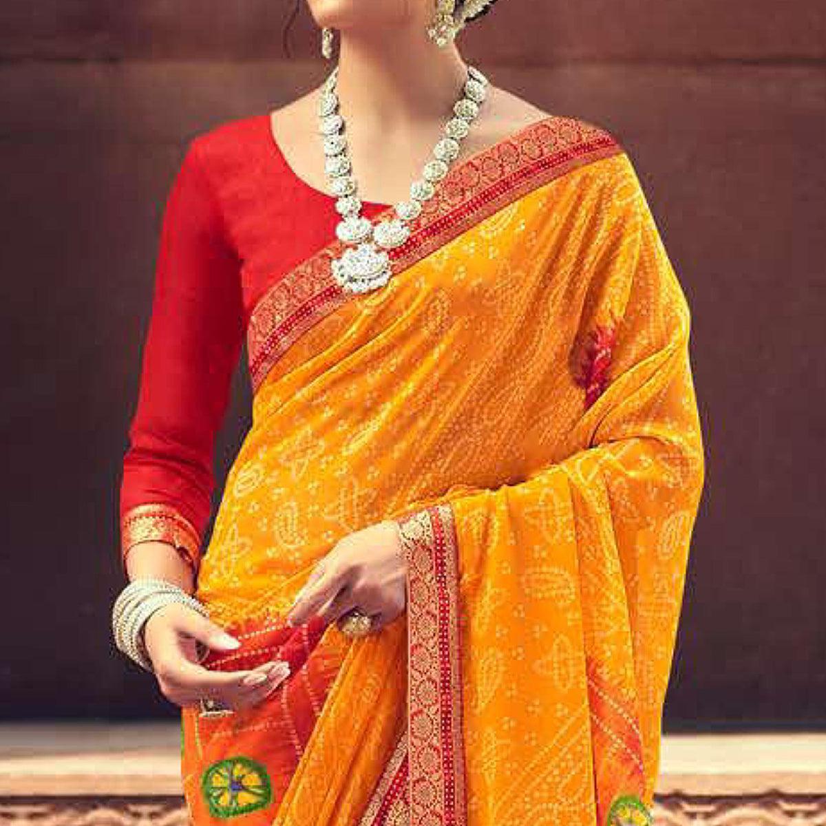 Mustard Casual Wear Printed Georgette Saree - Peachmode