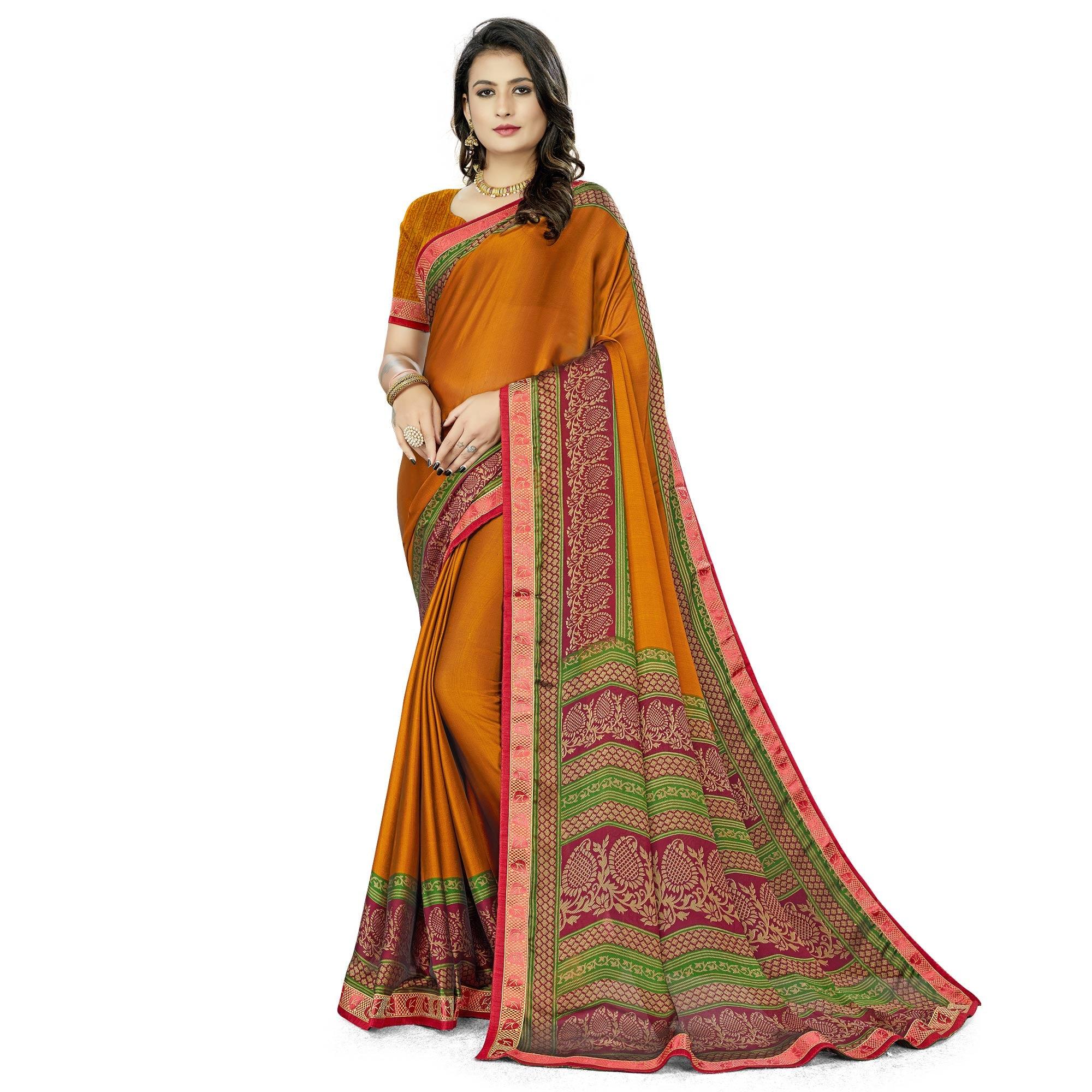 Mustard Casual Wear Printed Rangoli Silk Saree - Peachmode