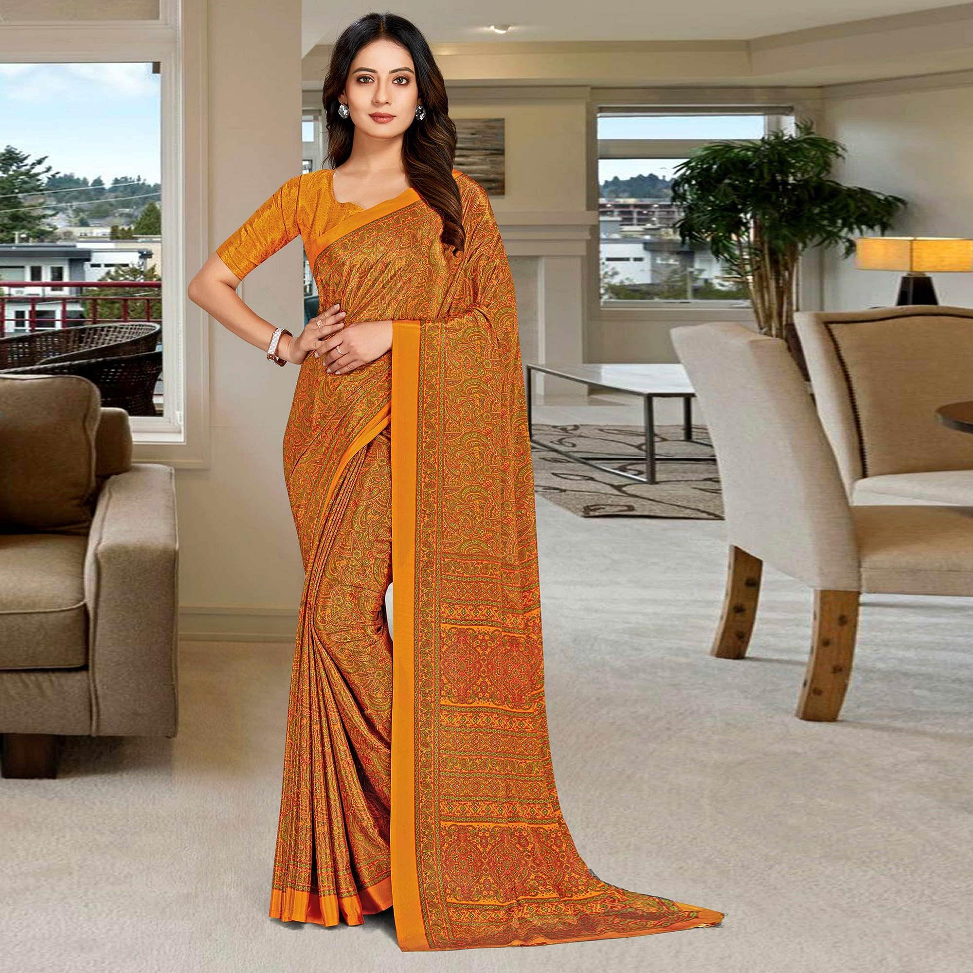 Mustard Casual Wear Printed Silk Saree - Peachmode