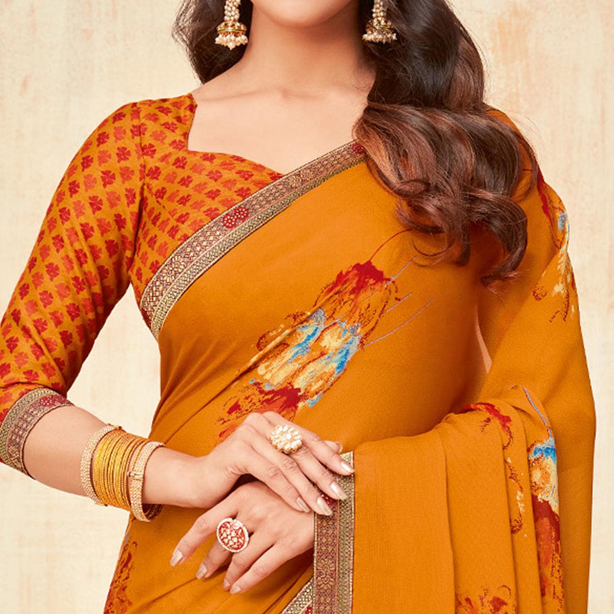 Mustard Casual Wear Printed Silk Saree - Peachmode