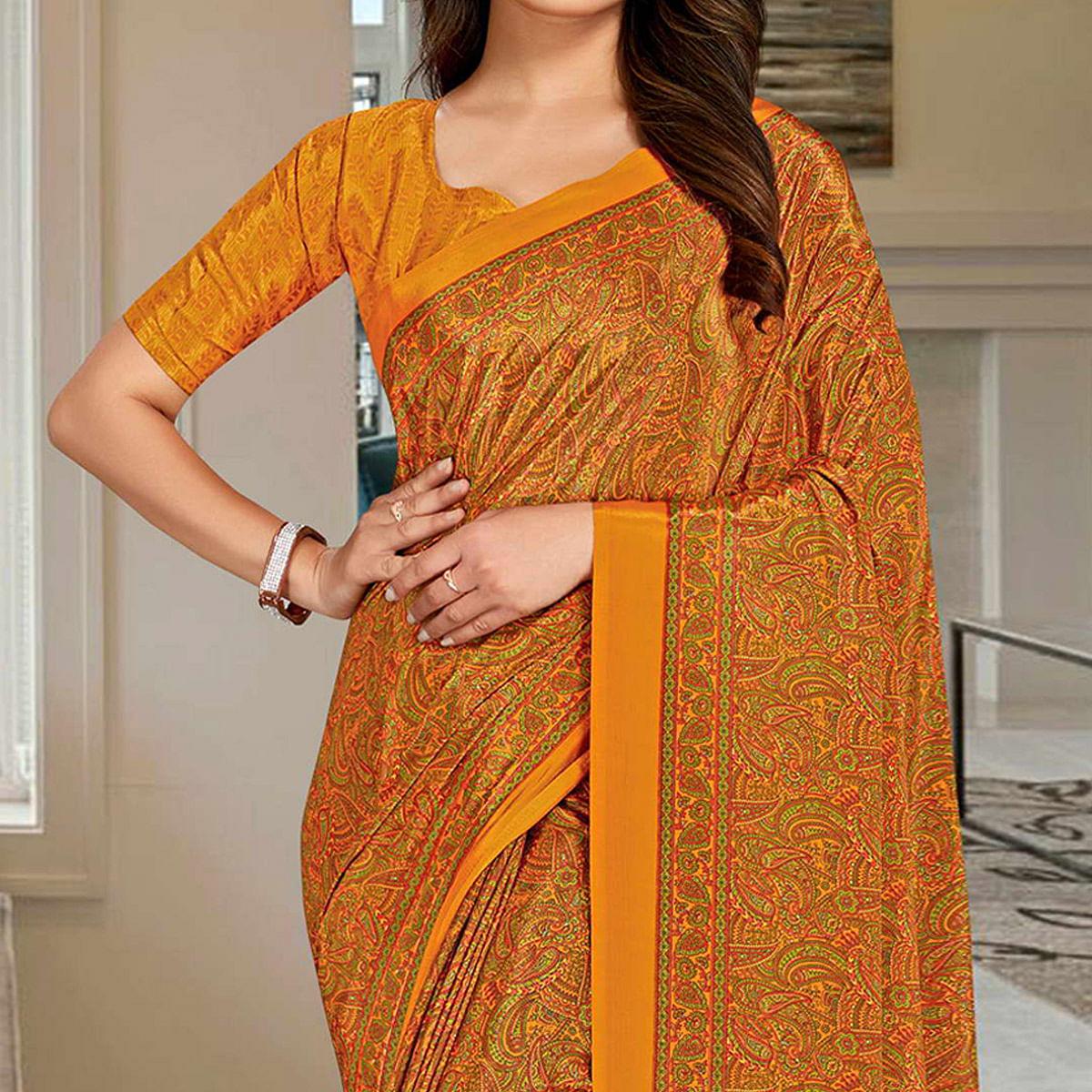 Mustard Casual Wear Printed Silk Saree - Peachmode