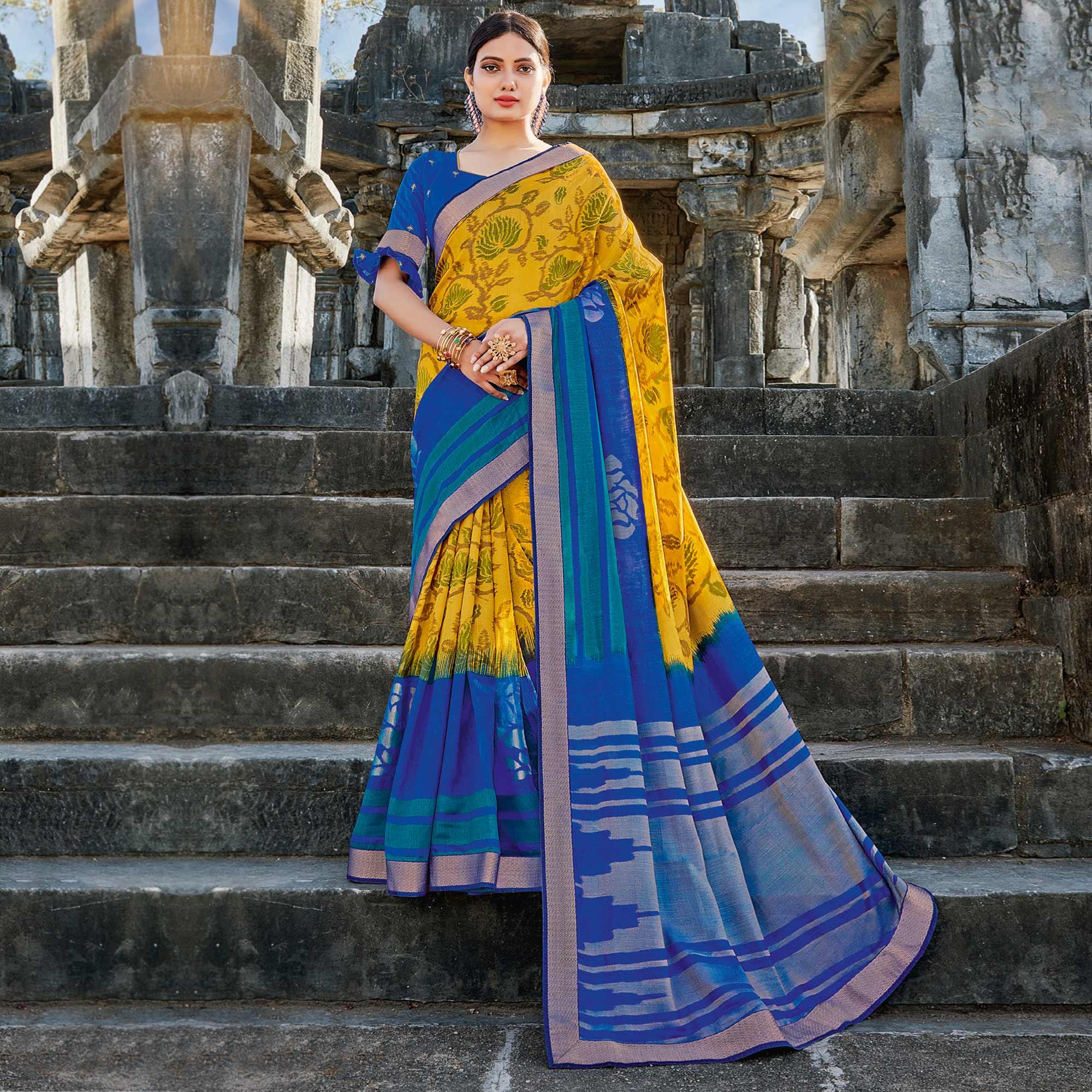 Mustard Casual Wear Printed Tussar Silk Saree - Peachmode