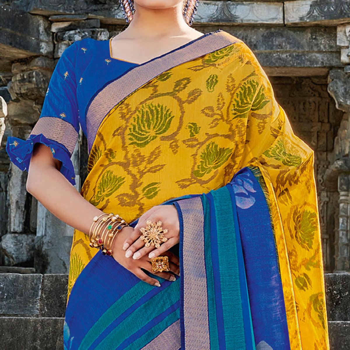 Mustard Casual Wear Printed Tussar Silk Saree - Peachmode