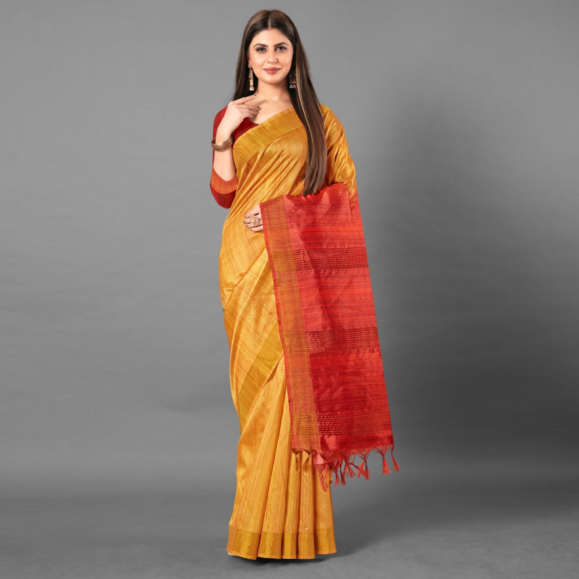 Mustard Casual Wear Solid Cotton silk Saree - Peachmode
