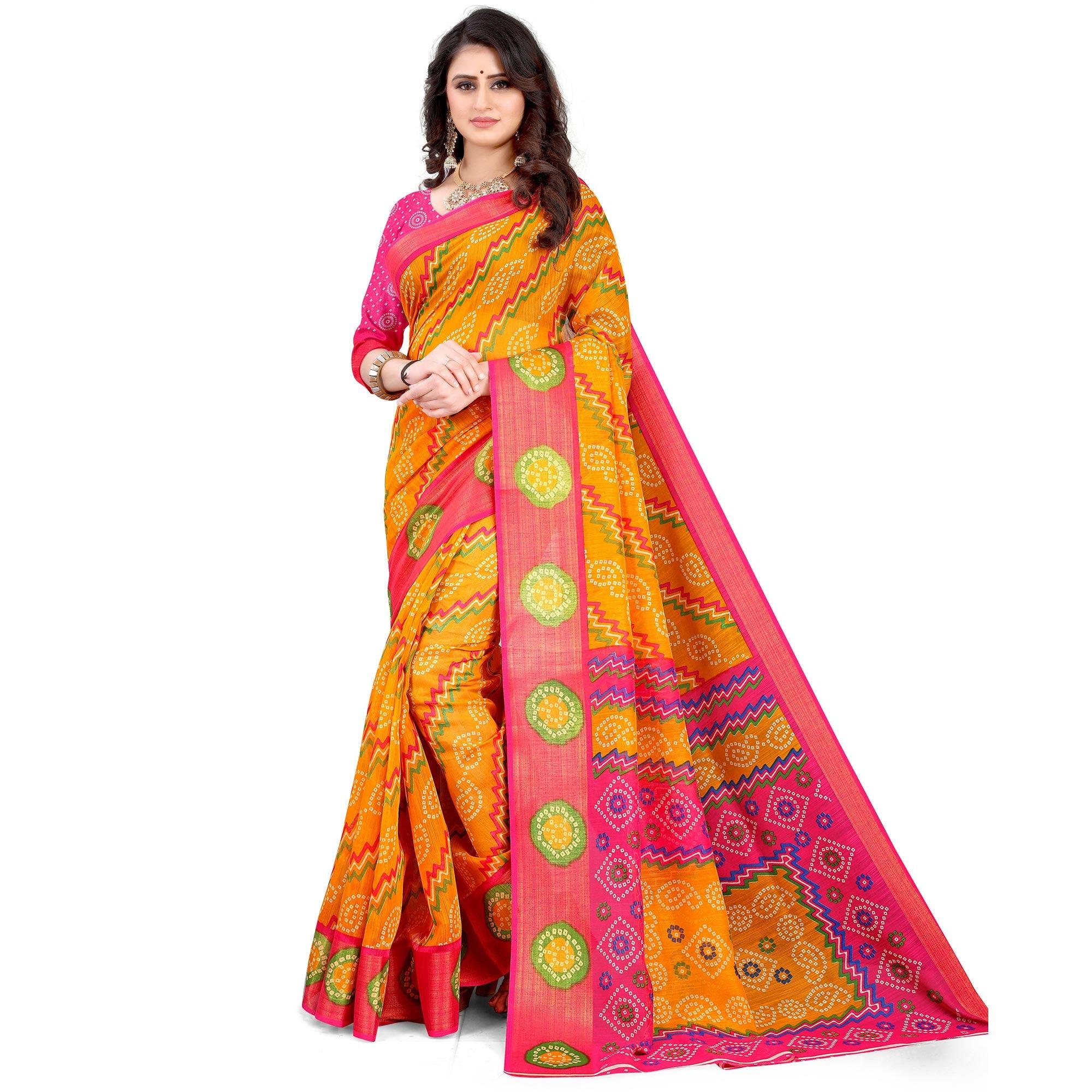 Mustard Casual Wear Stripes Printed Cotton Linen Saree - Peachmode