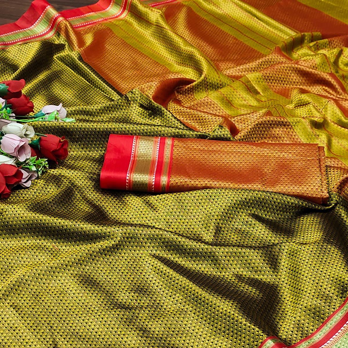 Mustard Casual Wear Woven Designer Khan Art Silk Saree - Peachmode