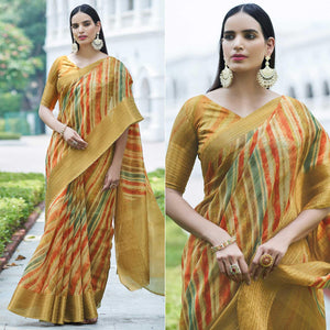 Mustard Digital Printed Linen Saree - Peachmode