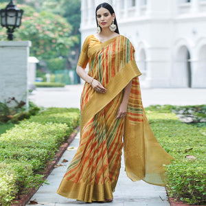 Mustard Digital Printed Linen Saree - Peachmode